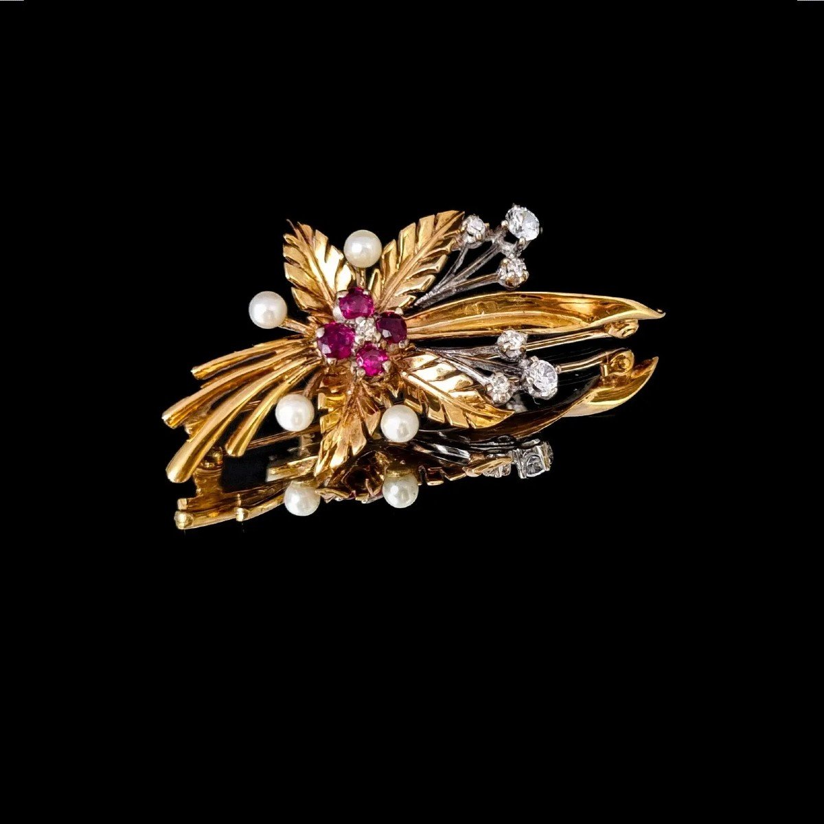 Vintage 1970’s 9ct Yellow Gold Ruby, Diamond, Pearl Floral Leaf Spray Brooch-photo-6