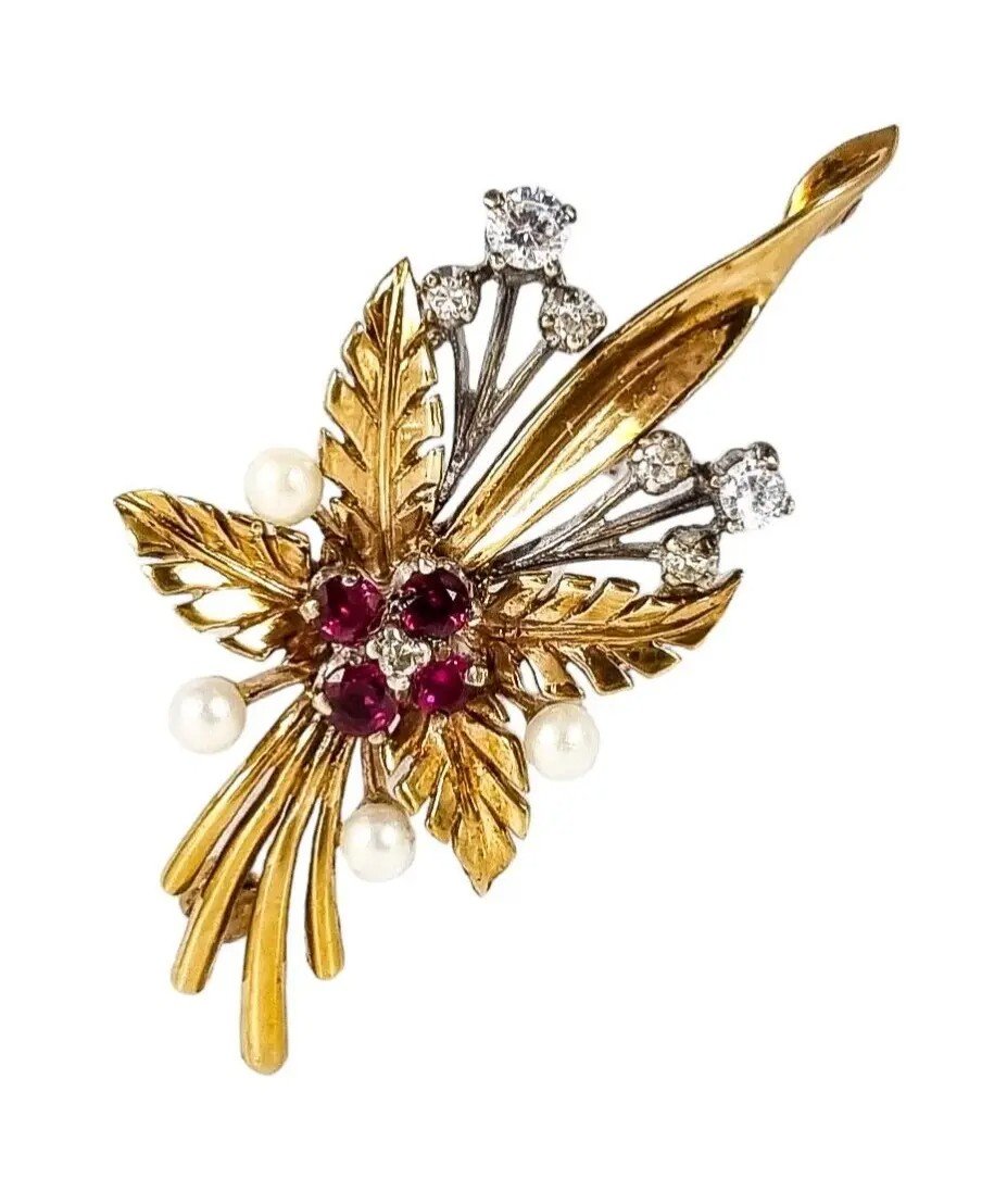 Broche Vintage En Or Jaune 9ct Rubis, Diamant, Perle, Feuille Florale En Spray