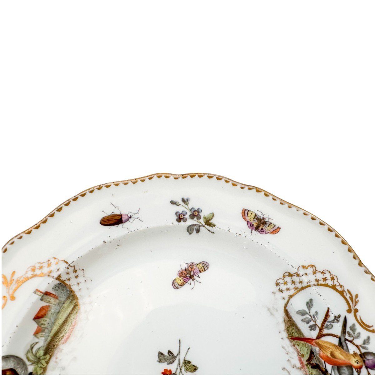 Assiette En Porcelaine De Meissen Du 19e S. à Décor d'Oiseaux Et d'Insectes, Bord Festonné Doré-photo-4