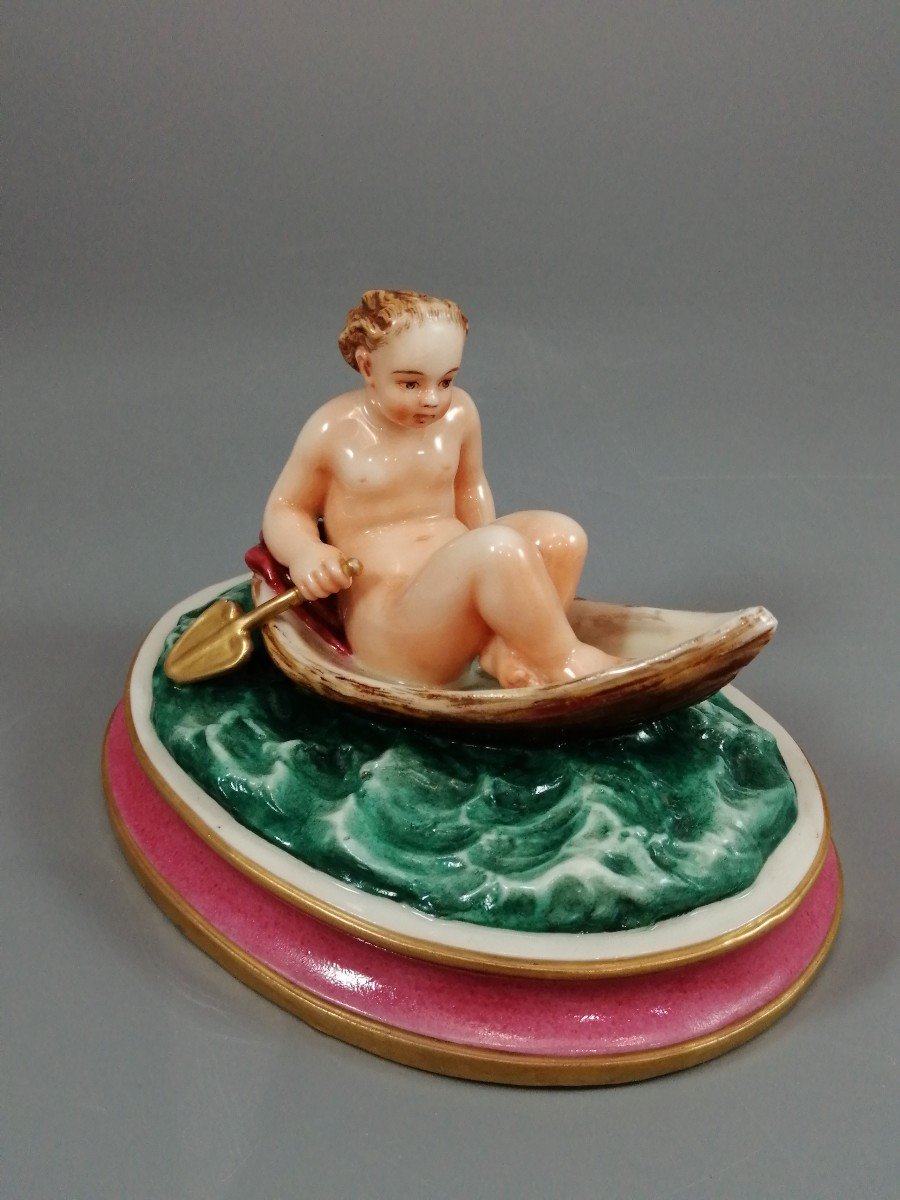 Majolica, Figure Of A Naked Young Girl In A Boat, Circa 19th Century.