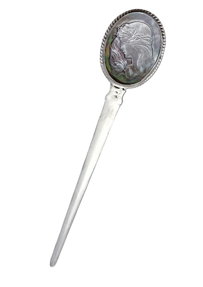 Art Nouveau Style Sterling Silver Letter Opener With Abalone Mother-of-pearl Medallion Of Woman-photo-1