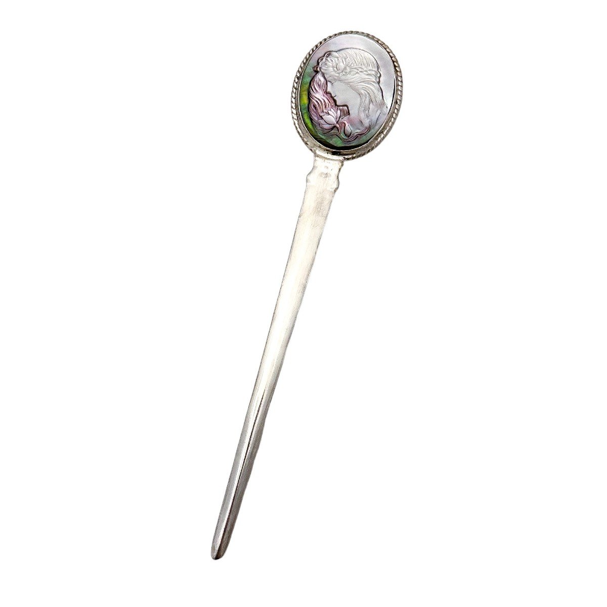 Art Nouveau Style Sterling Silver Letter Opener With Abalone Mother-of-pearl Medallion Of Woman-photo-2