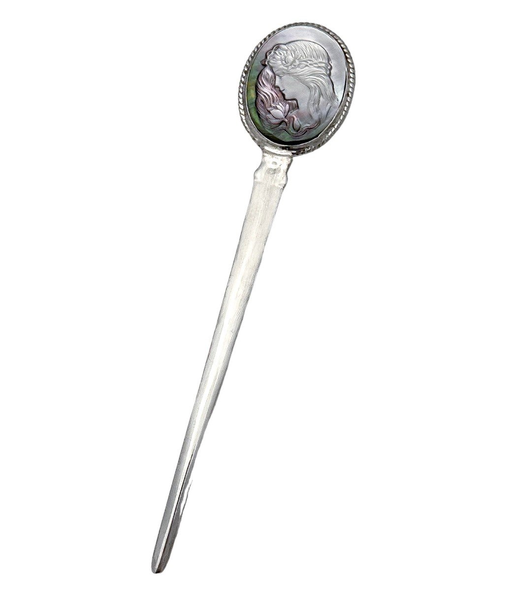 Art Nouveau Style Sterling Silver Letter Opener With Abalone Mother-of-pearl Medallion Of Woman