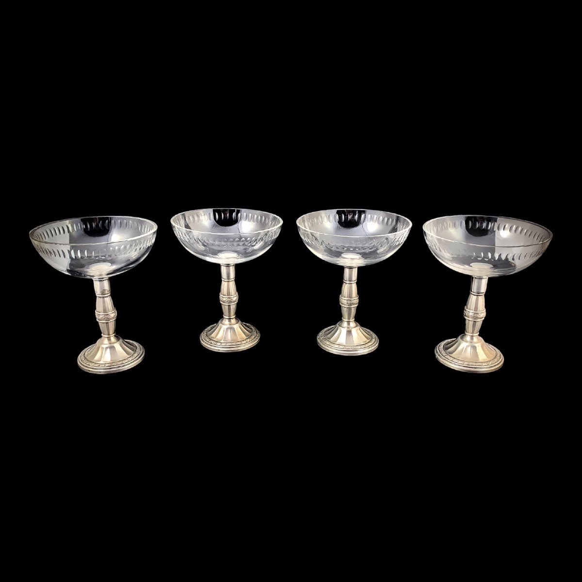 Art Nouveau Wmf Set De Fruits En Métal Argenté - Tazza En Verre Taillé Et 4 Coupes à Dessert-photo-3