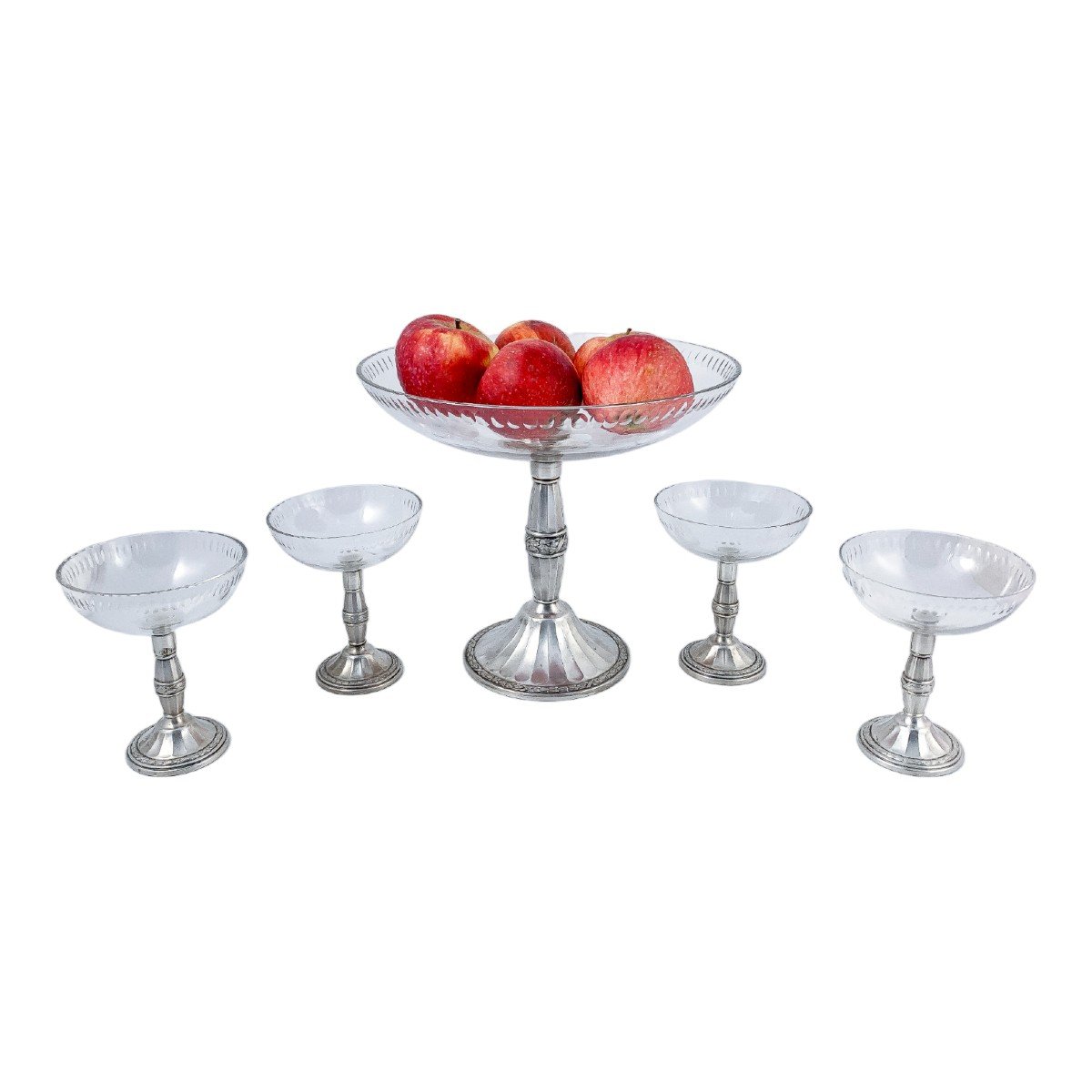 Art Nouveau Wmf Set De Fruits En Métal Argenté - Tazza En Verre Taillé Et 4 Coupes à Dessert