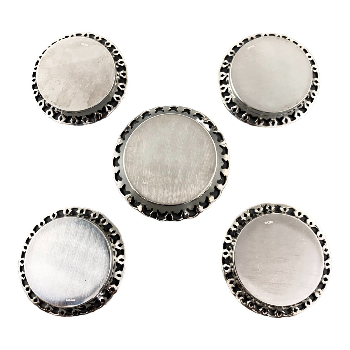 Vintage Set Of 5 Egyptian 900 Solid Silver Cairo Wine Bottle / Glass Coasters, 1950’s, Lotus-photo-3