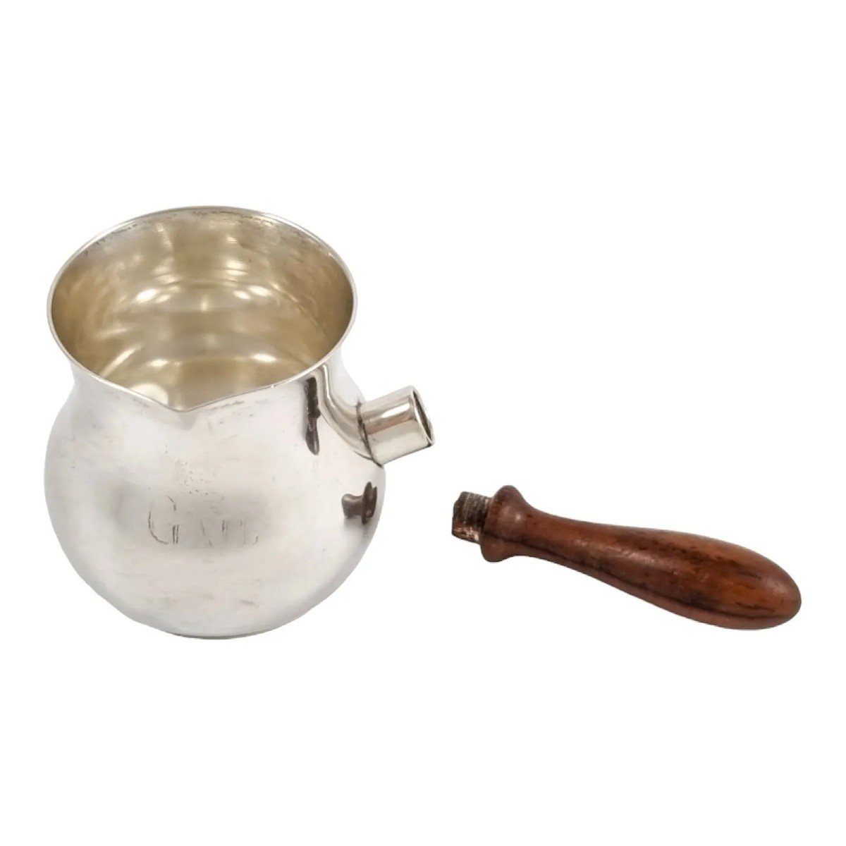 Edwardian American Sterling Silver Brandy Saucepan Warmer / Pipkin With Turned Wooden Handle-photo-2