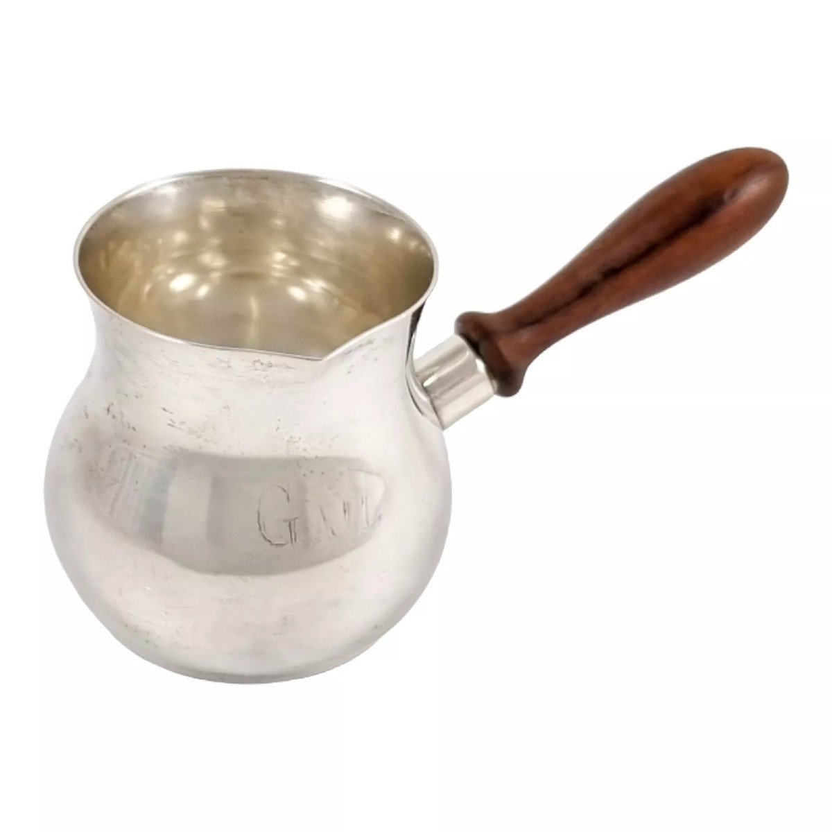 Edwardian American Sterling Silver Brandy Saucepan Warmer / Pipkin With Turned Wooden Handle