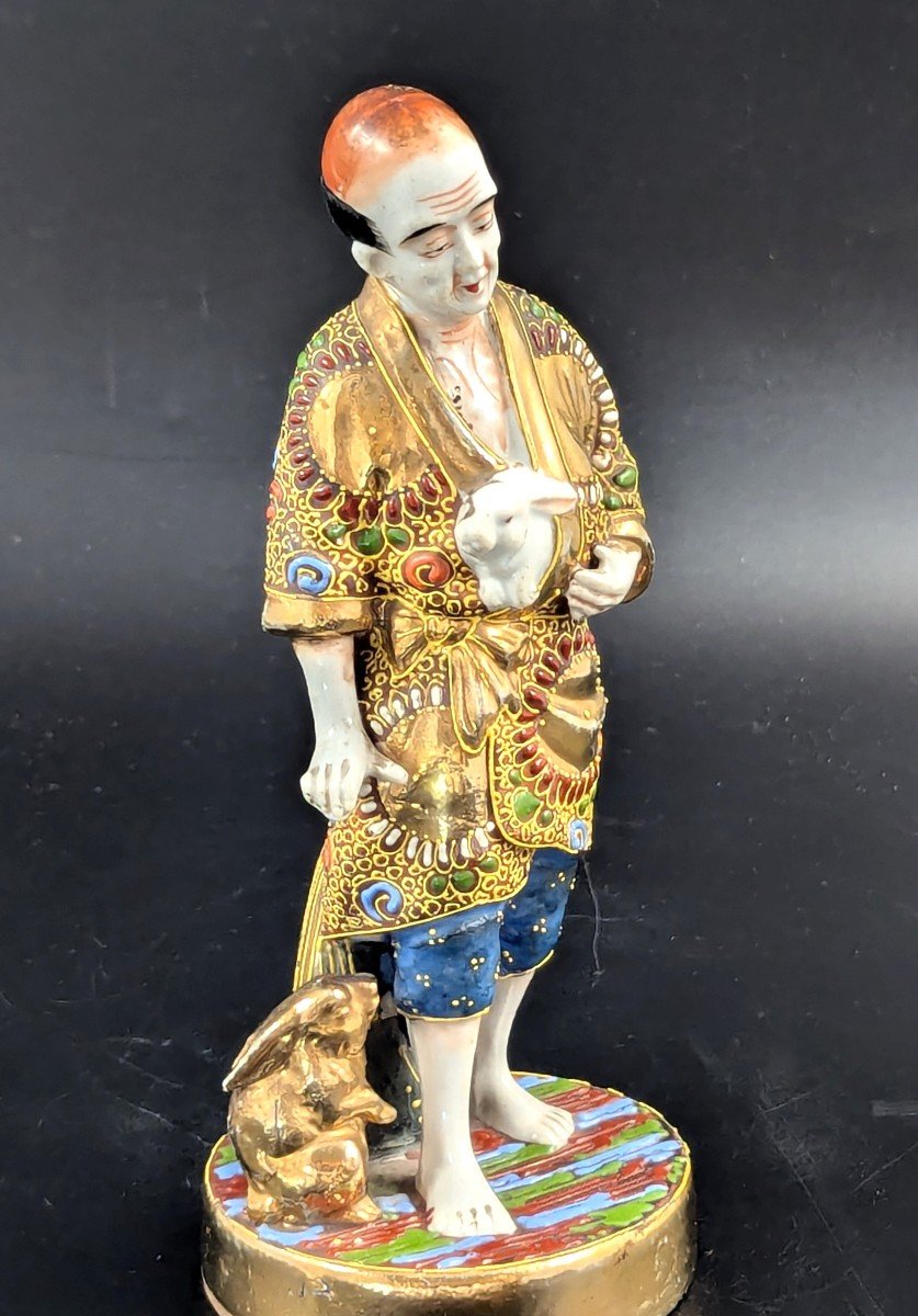 Antique Japanese Satsuma Porcelain Figurine Man With Rabbits, Meiji Period -photo-1