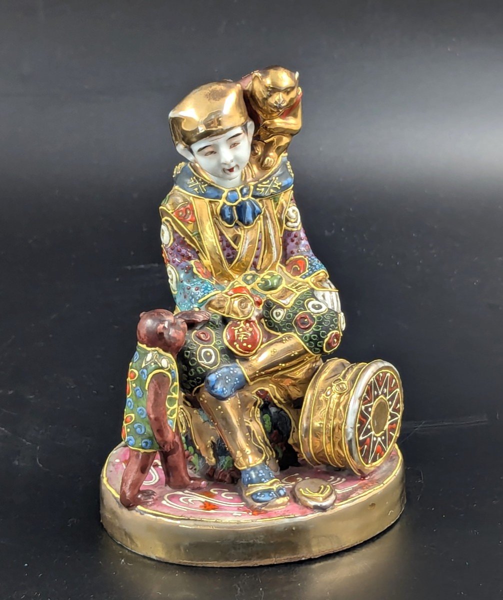 Antique Porcelain Figurine ‘boy With Monkeys’ By Satsuma, Japan, Meiji Period 