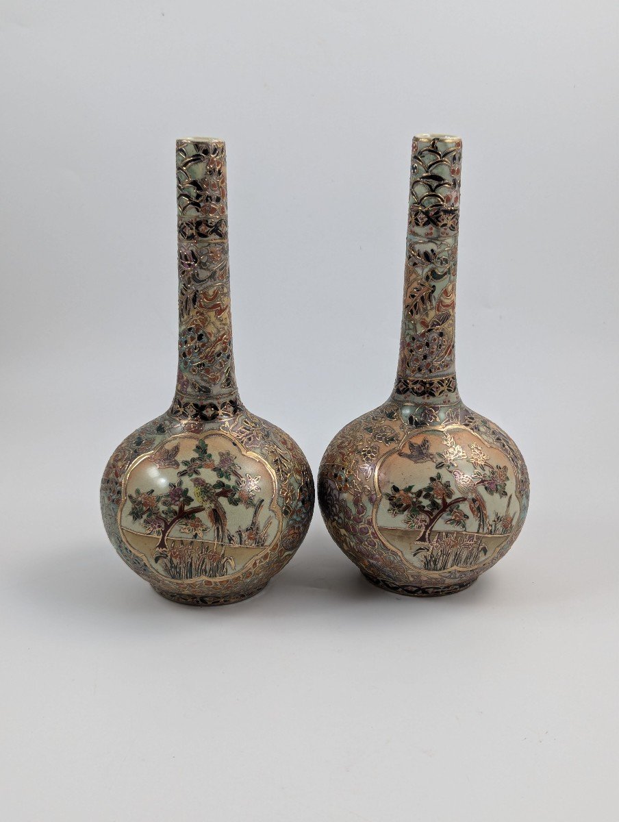 Antique Handpainted Bud Vases, Satsuma, Signed By Gyokushū, Meiji Period -photo-4