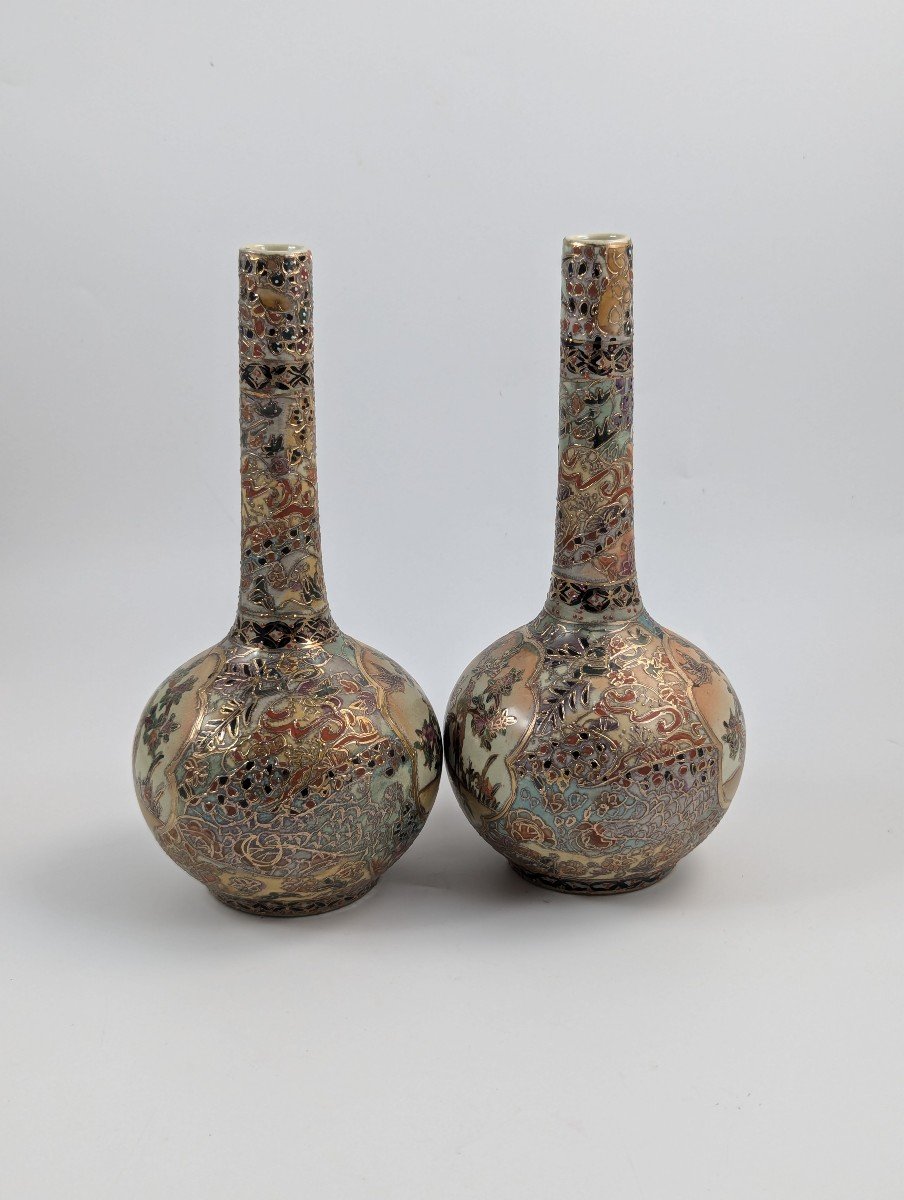 Antique Handpainted Bud Vases, Satsuma, Signed By Gyokushū, Meiji Period -photo-1