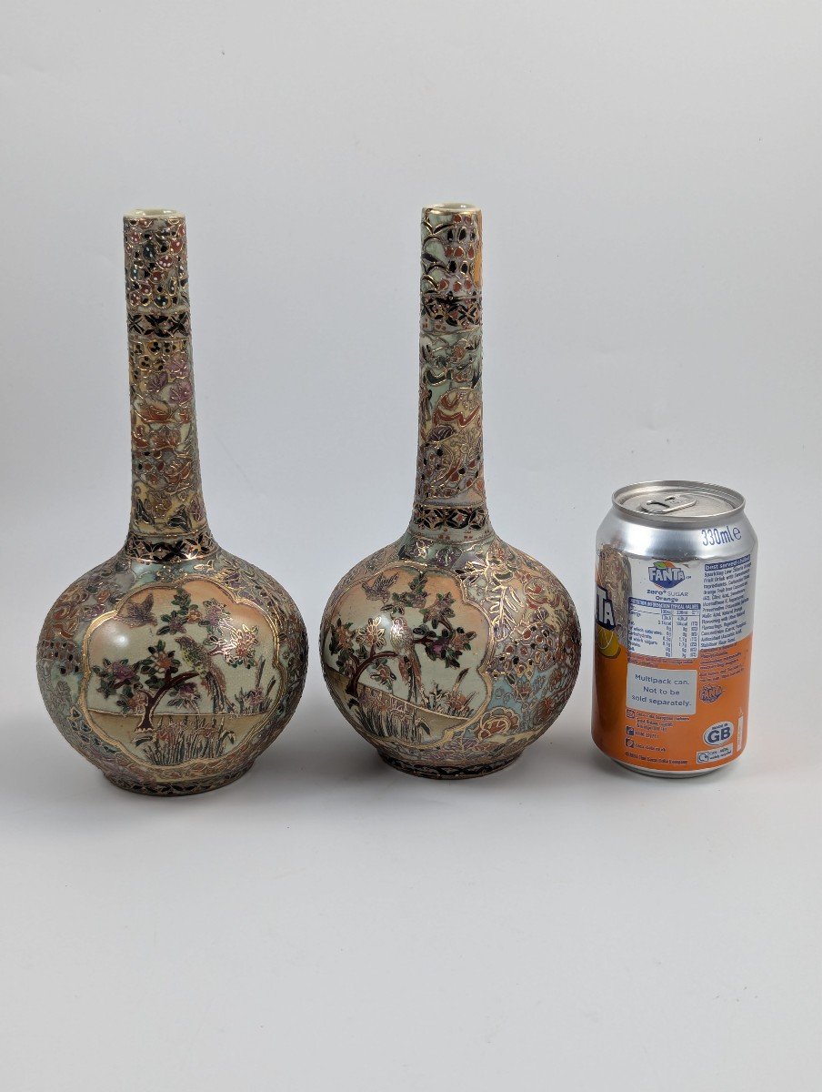 Antique Handpainted Bud Vases, Satsuma, Signed By Gyokushū, Meiji Period -photo-6