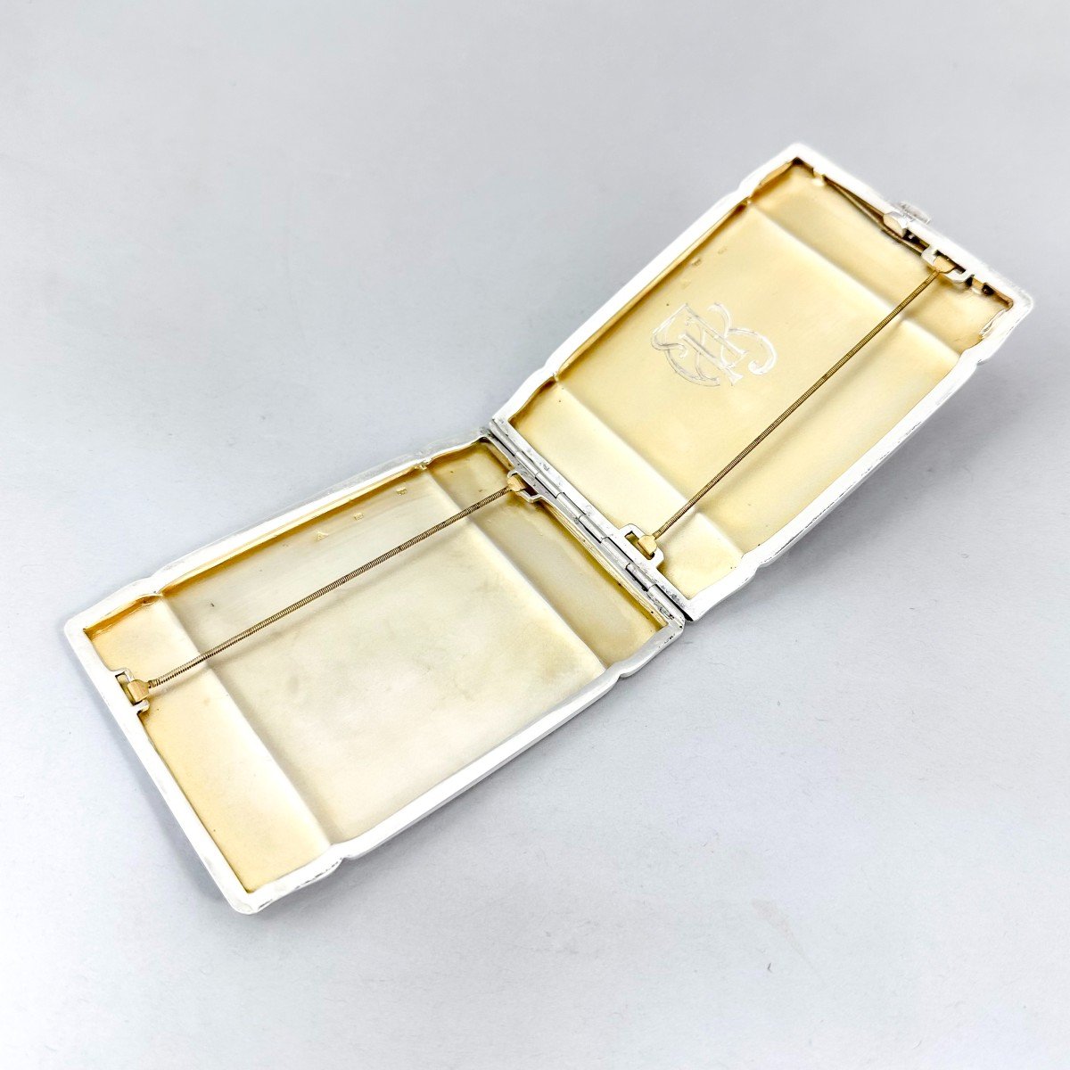 Silver Czech Art Deco Double Cigarette Case With Gold Scrolls-photo-4