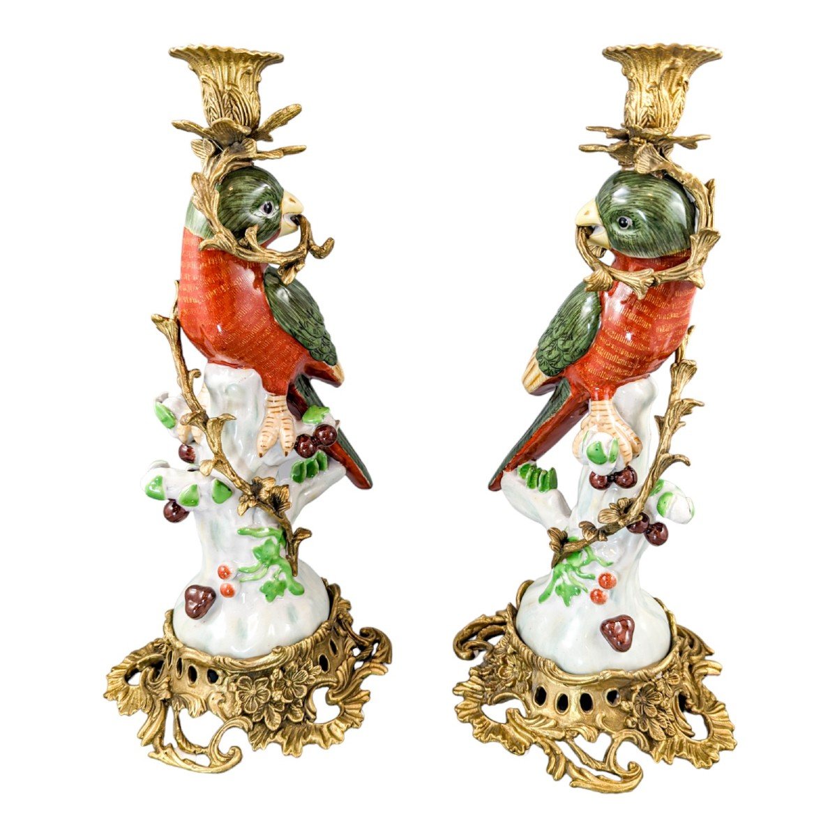 Louis XV Style Pair Of Ormolu Porcelain Figural Parrot Candlesticks -photo-2