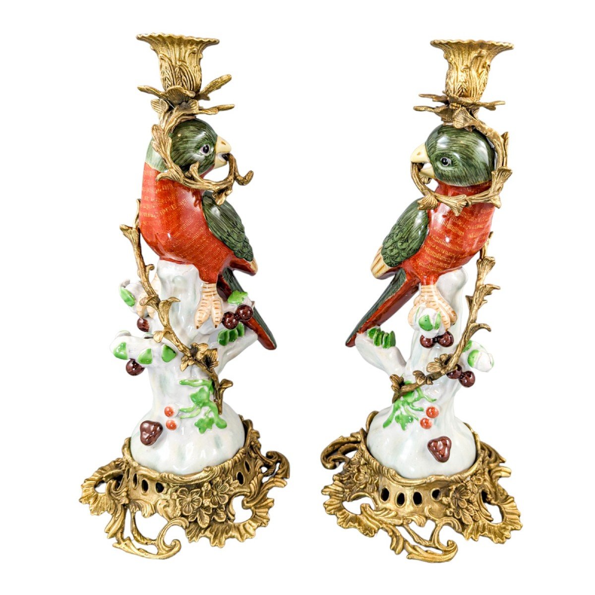 Louis XV Style Pair Of Ormolu Porcelain Figural Parrot Candlesticks -photo-3