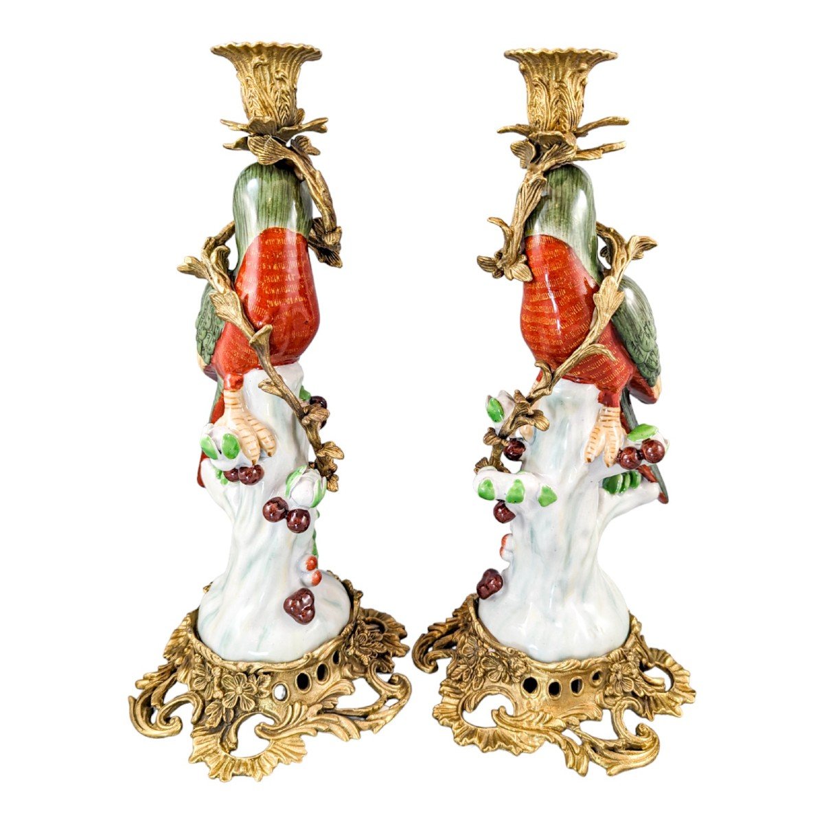 Louis XV Style Pair Of Ormolu Porcelain Figural Parrot Candlesticks -photo-4