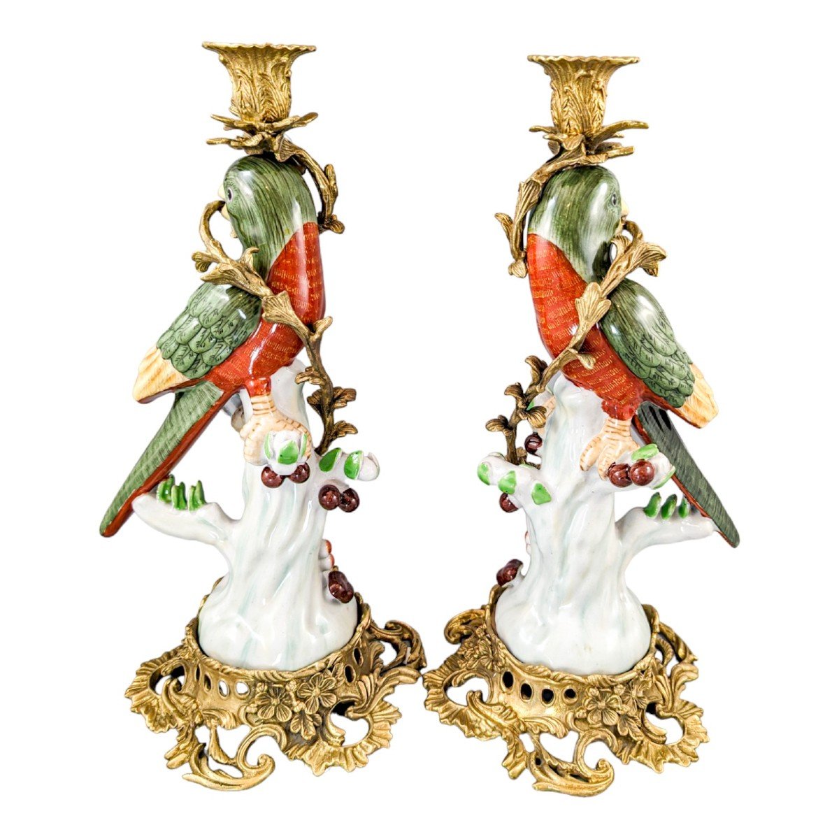 Louis XV Style Pair Of Ormolu Porcelain Figural Parrot Candlesticks -photo-1