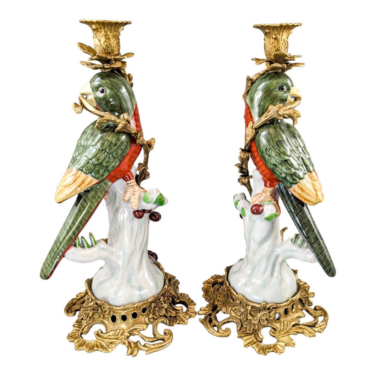 Louis XV Style Pair Of Ormolu Porcelain Figural Parrot Candlesticks -photo-2