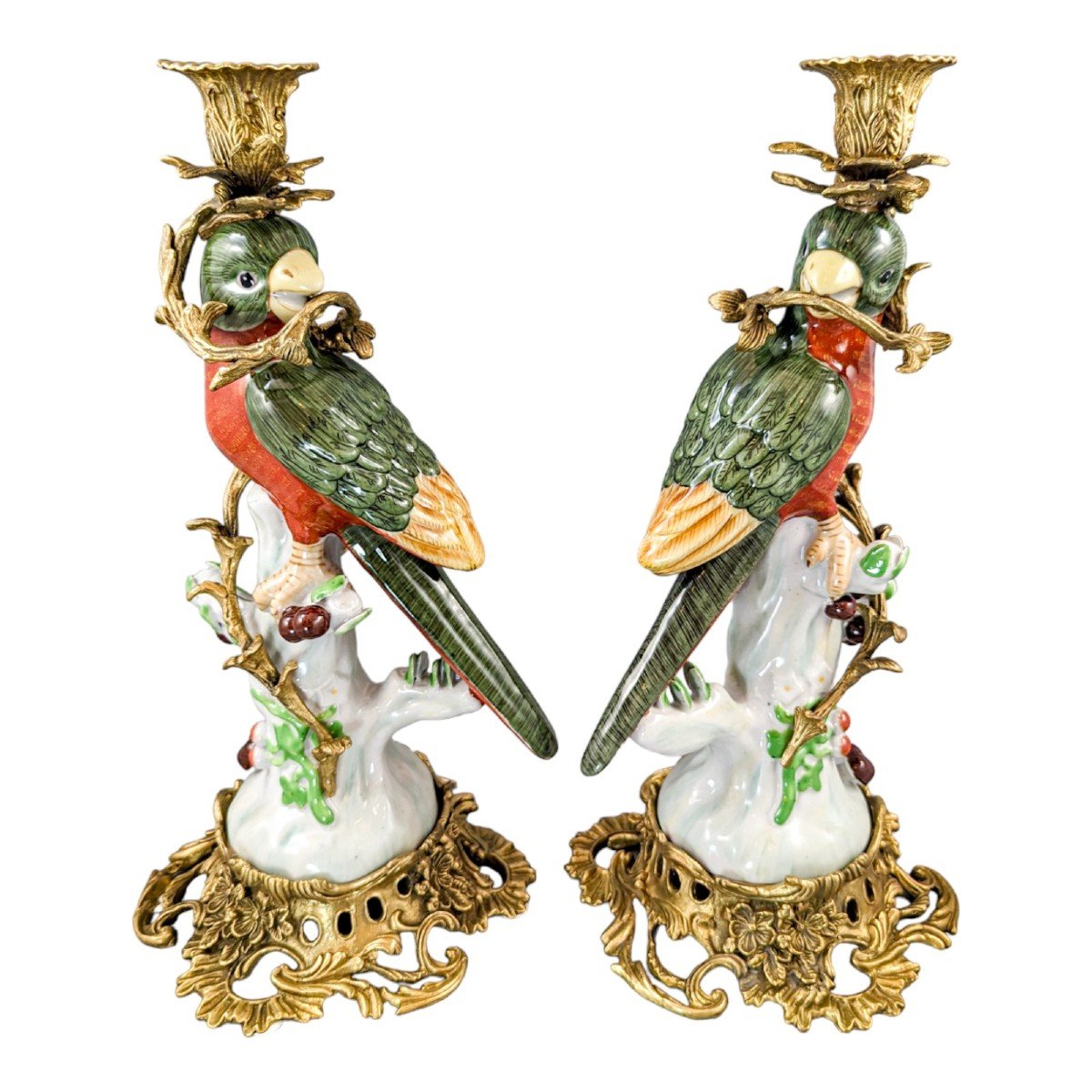 Louis XV Style Pair Of Ormolu Porcelain Figural Parrot Candlesticks -photo-4