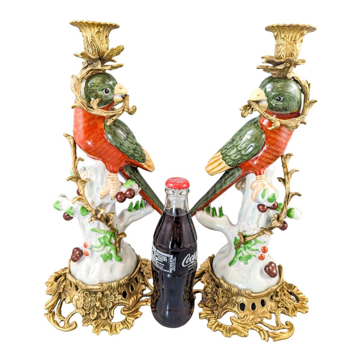 Louis XV Style Pair Of Ormolu Porcelain Figural Parrot Candlesticks -photo-6