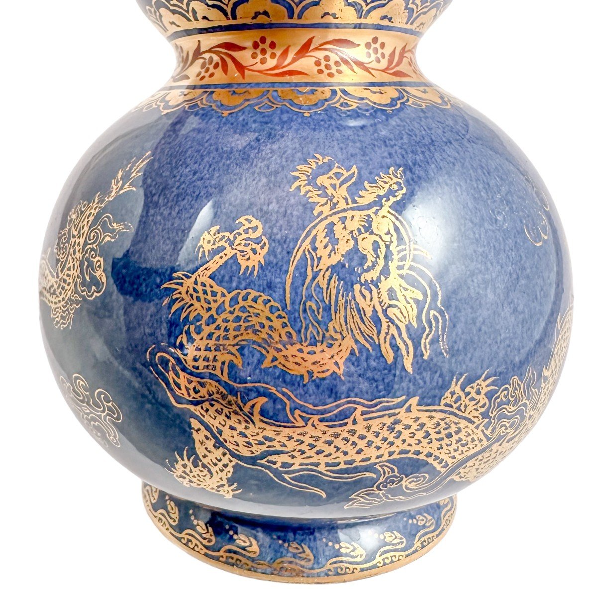 1900's Wedgwood Daisy Makeig-jones Porcelain Blue And Gold Double Gourd "celestial Dragon" Vase-photo-4