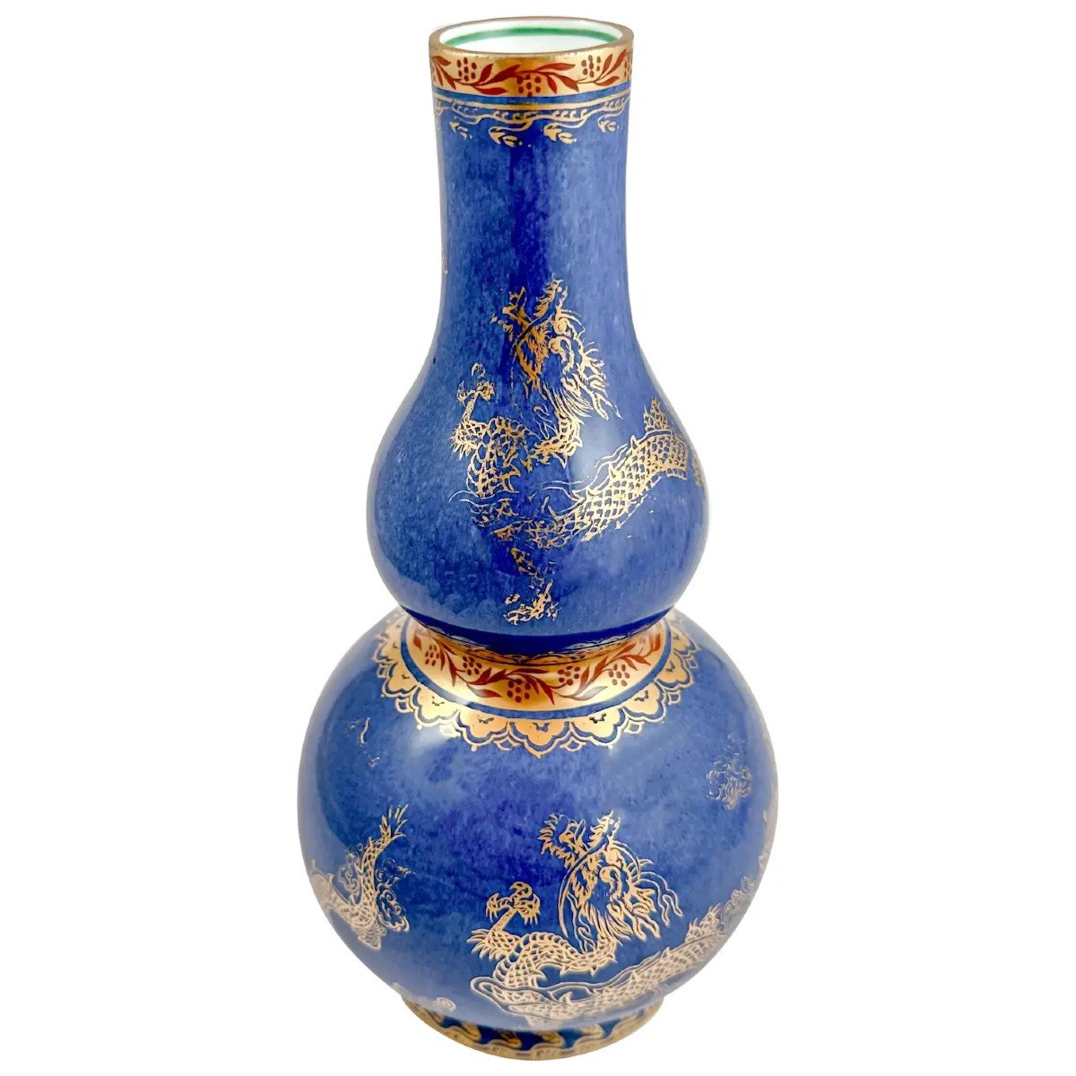 1900's Wedgwood Daisy Makeig-jones Porcelain Blue And Gold Double Gourd "celestial Dragon" Vase