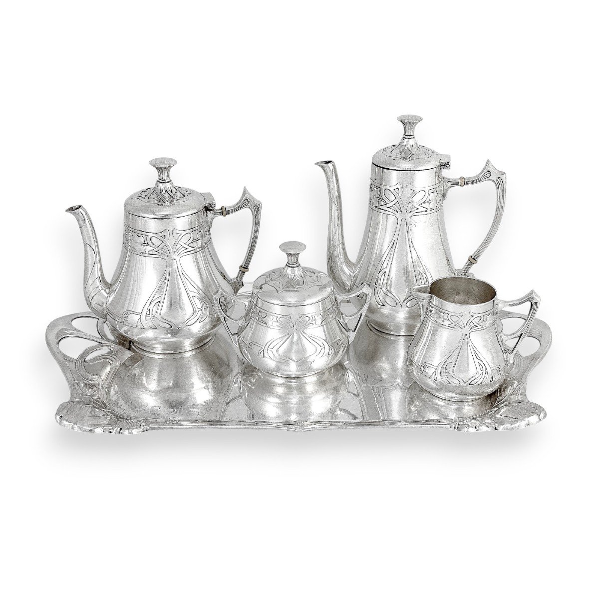 Antique Silver Plated Wmf Art Nouveau Jugendstil Five-piece Tea And Coffee Set On Tray