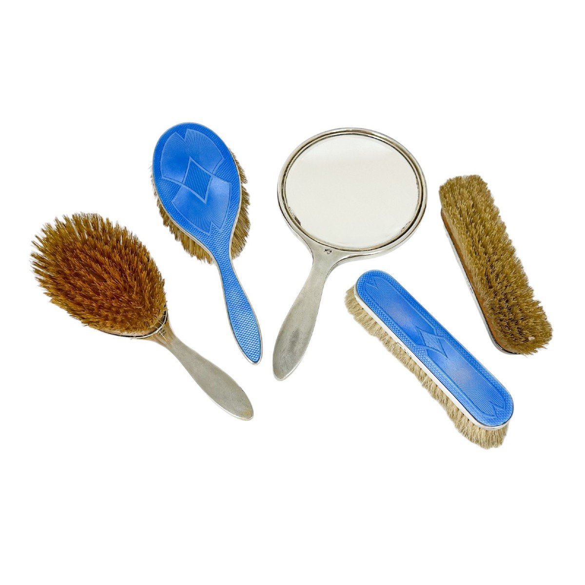 Set De Coiffeuse Art Déco Asprey En Argent Et émail Guilloché Bleu (4 Brosses Et Miroir)-photo-2