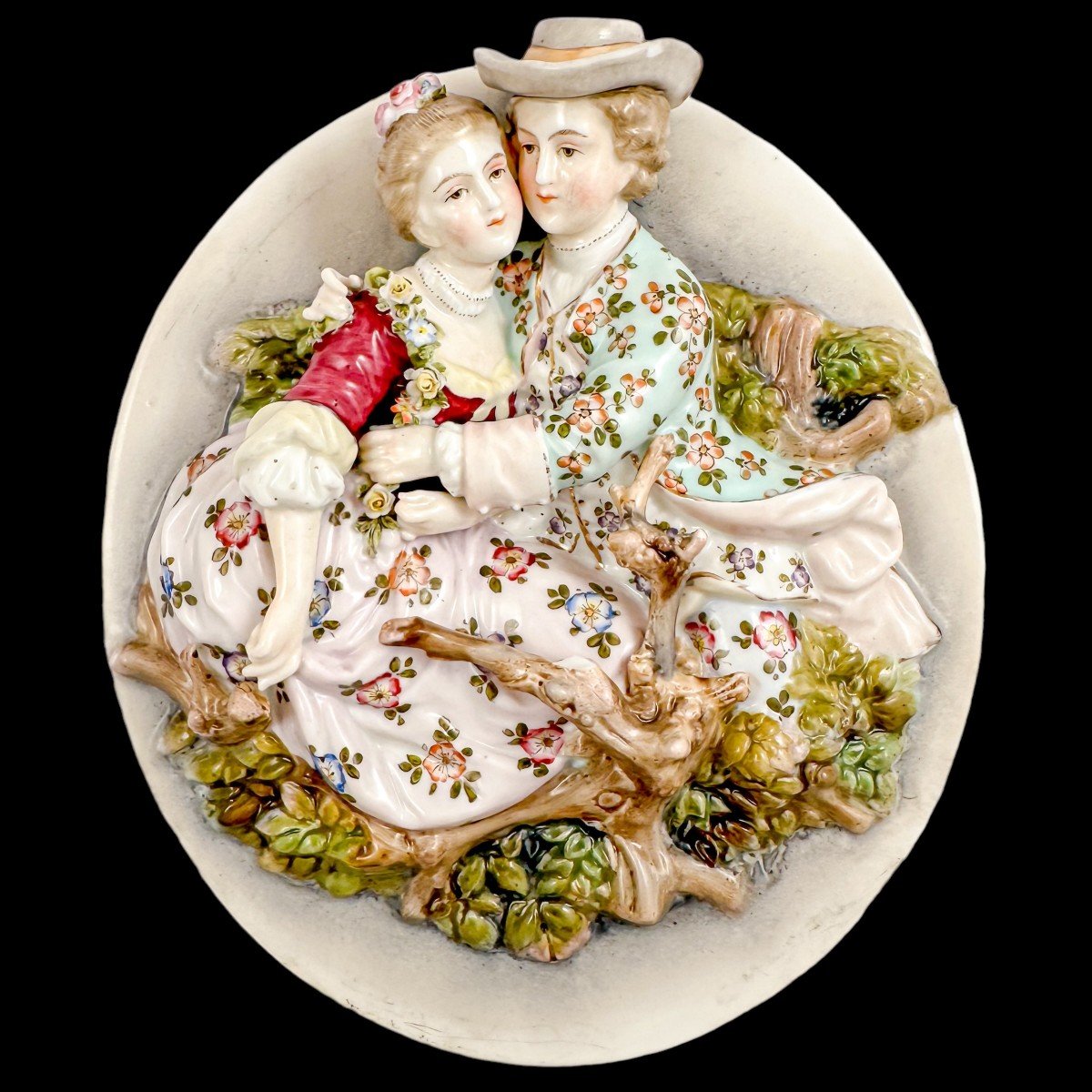 Paire De Plaques Murales En Porcelaine Style Meissen XIXe, Scènes Romantiques Avec Amants-photo-3