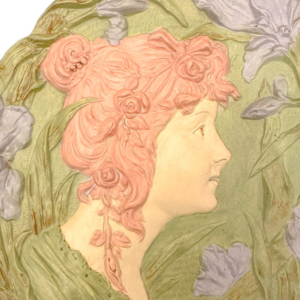 Art Nouveau Ernst Wahliss Vienna Secession Wall Plate Of Young Woman Among Iris Flowers-photo-5