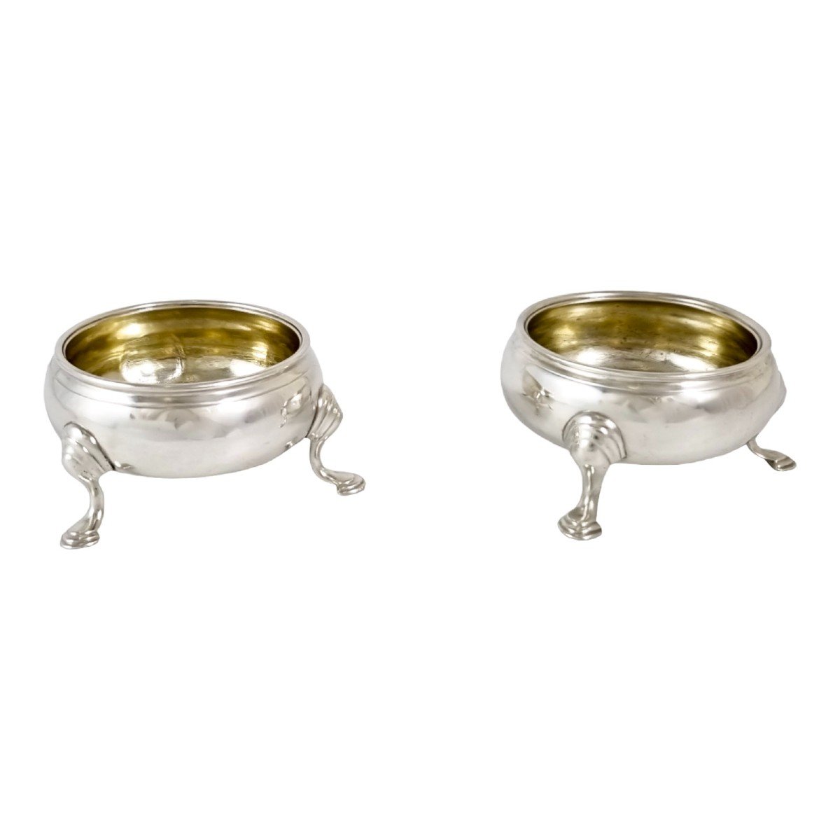 George II Gilt Sterling Silver Pair 2 Tripod Cauldron Salts, Unicorn Family Crest, 1743-photo-3