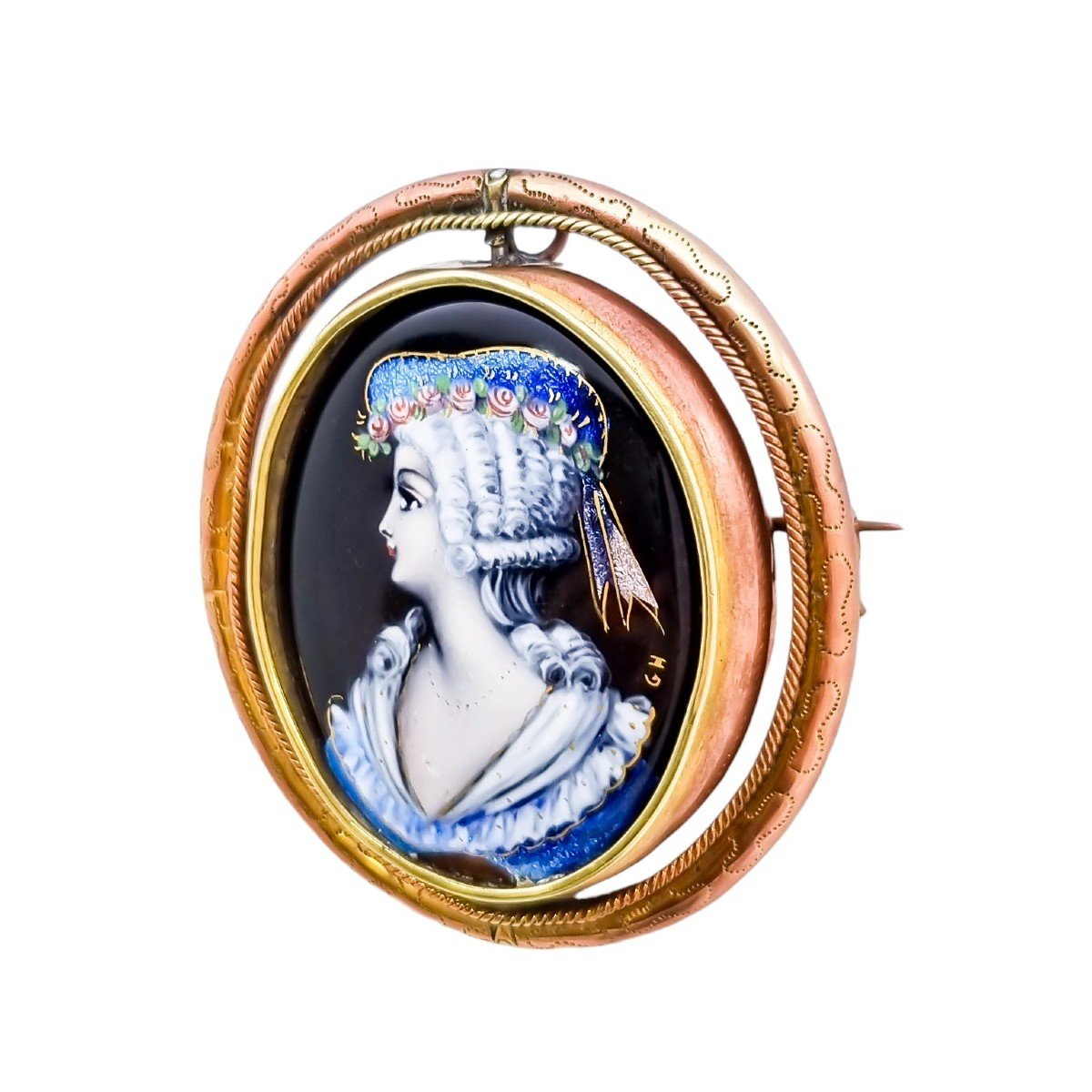 Grand Antique Broche Pivotante émail d'Art Limoges, Portrait De Dame, Signée "gh"-photo-4