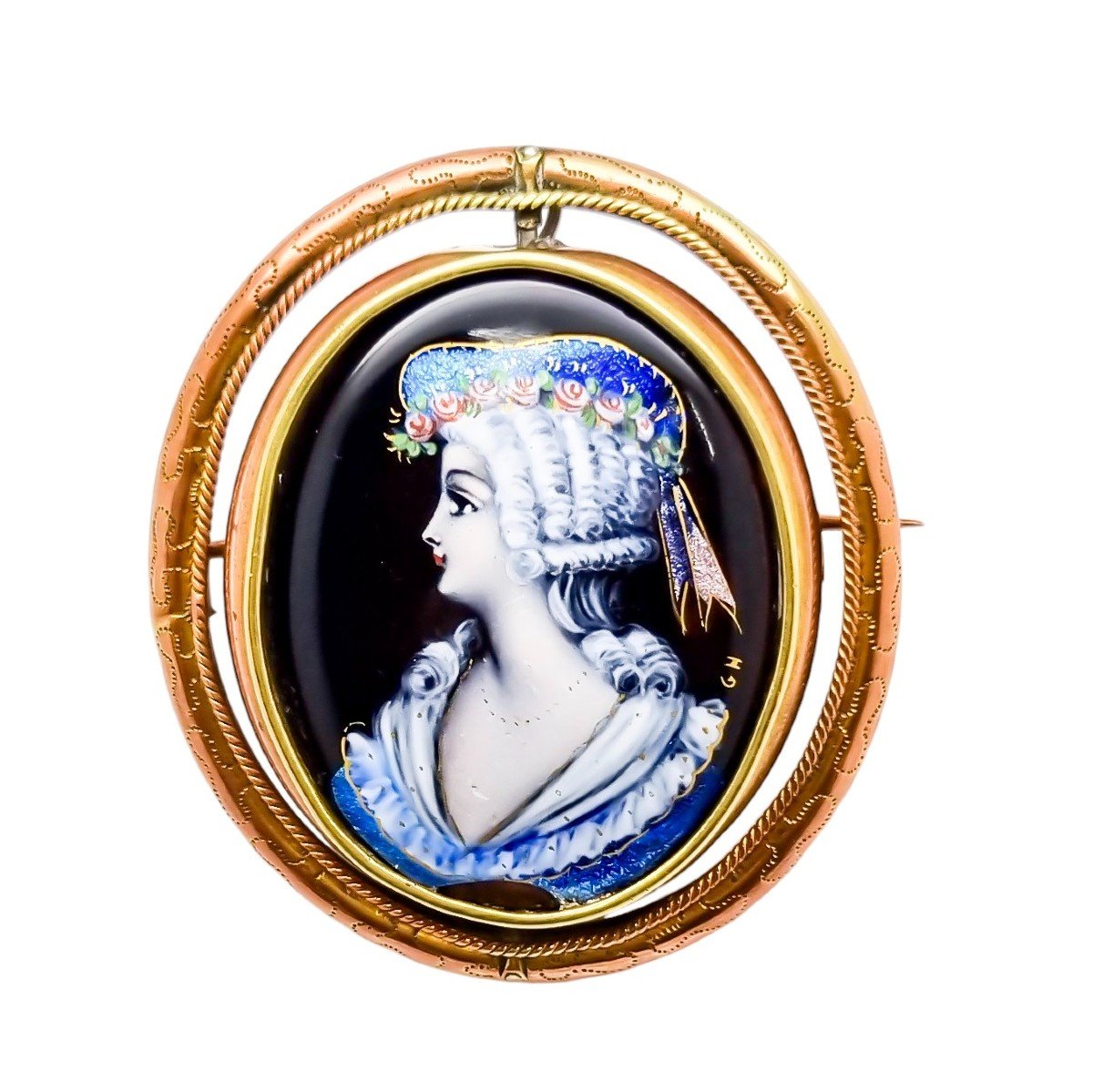 Grand Antique Broche Pivotante émail d'Art Limoges, Portrait De Dame, Signée "gh"