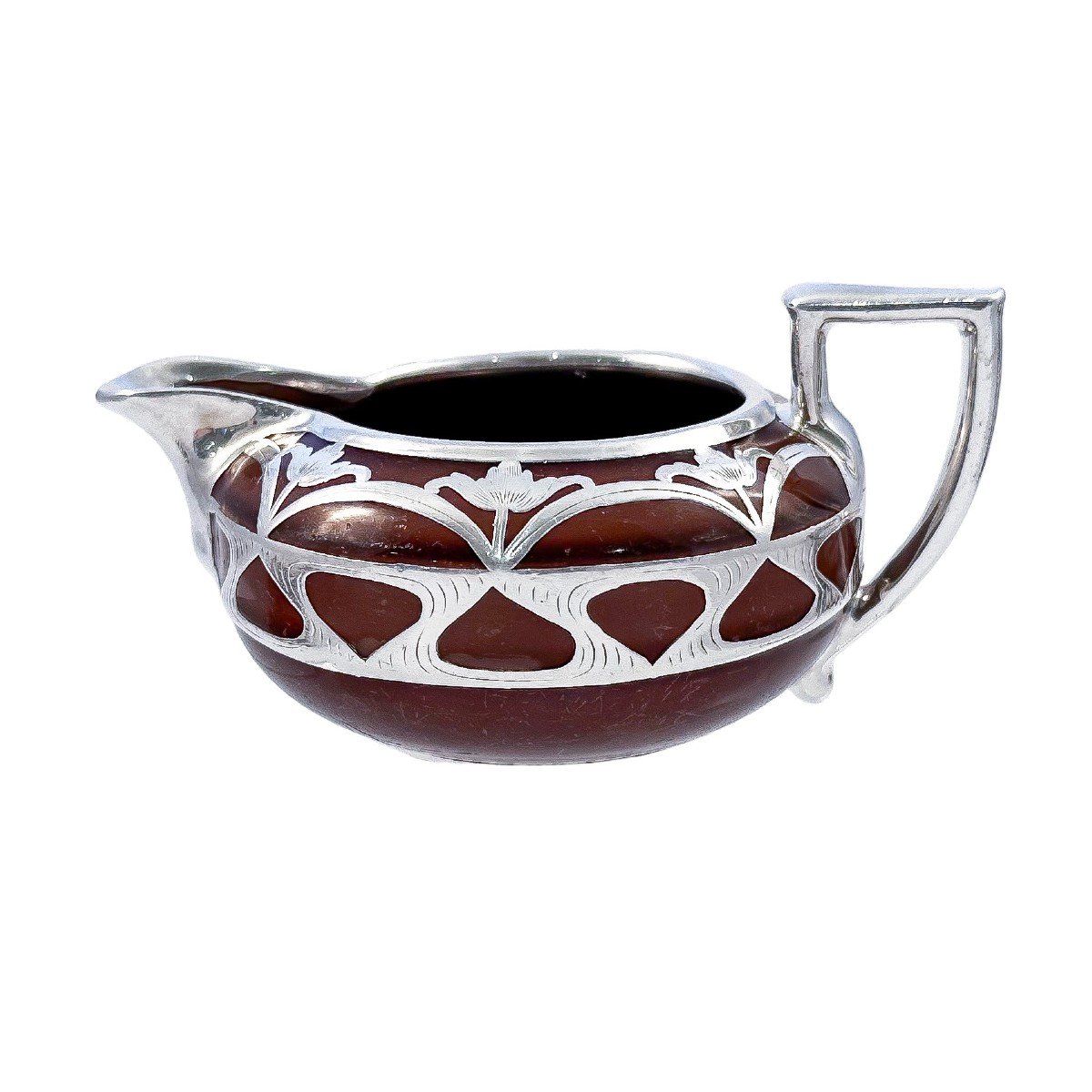 Antique Art Nouveau Lenox Brown Teapot, Stand And Creamer With Sterling Silver Overlay-photo-2