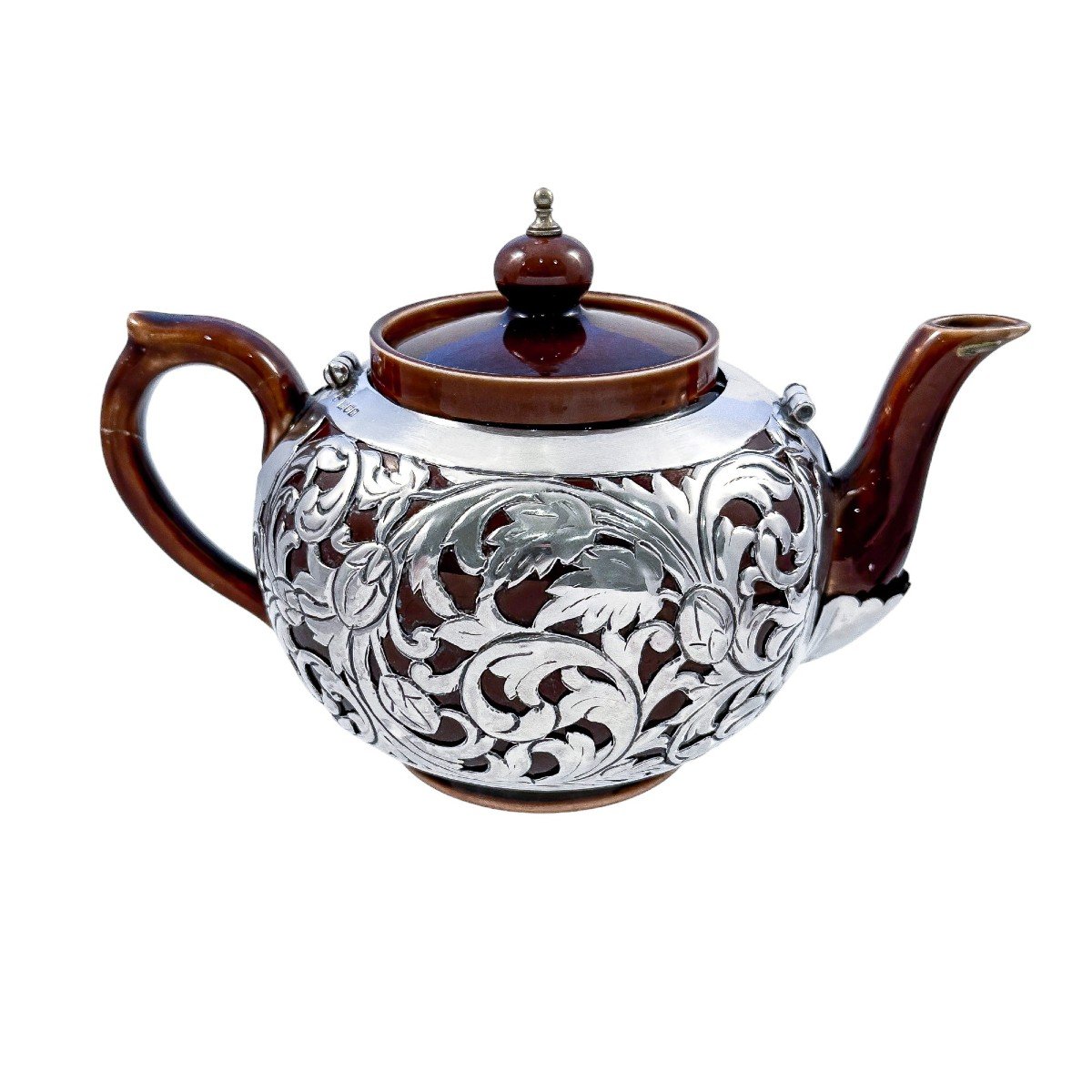 Antique Art Nouveau Lenox Brown Teapot, Stand And Creamer With Sterling Silver Overlay-photo-3