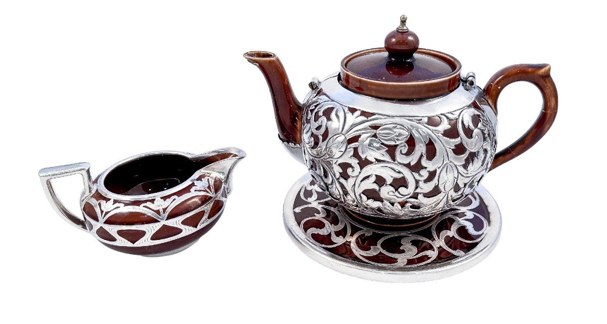 Antique Art Nouveau Lenox Brown Teapot, Stand And Creamer With Sterling Silver Overlay