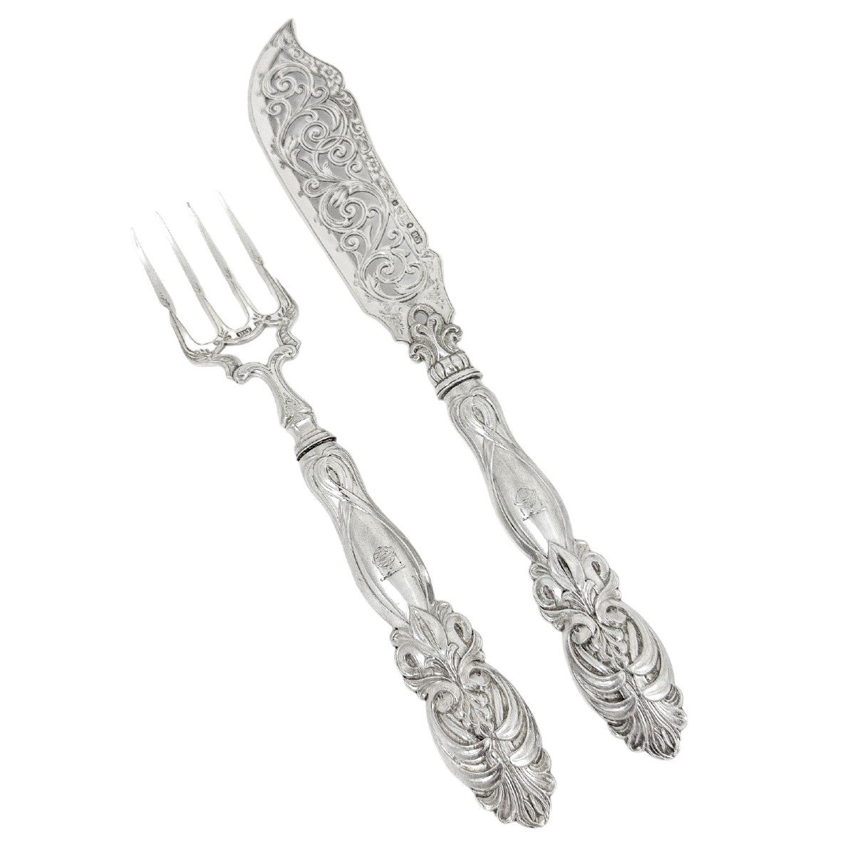 Antique Mid Victorian Cased Sterling Silver Fish Serving Set In Art Nouveau Design-photo-2