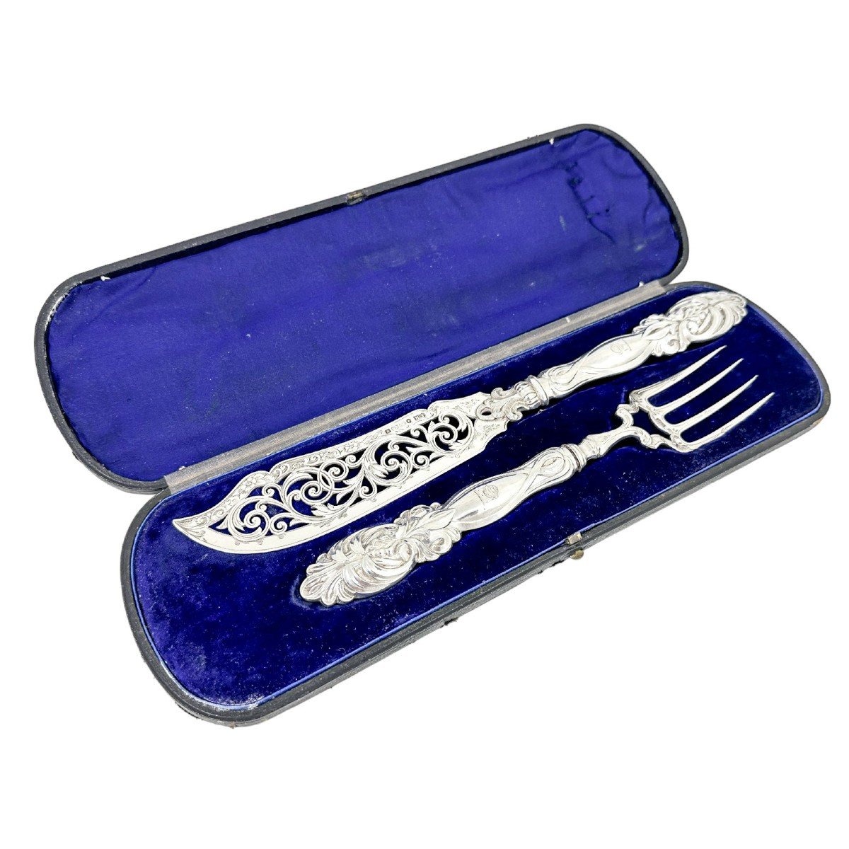 Antique Mid Victorian Cased Sterling Silver Fish Serving Set In Art Nouveau Design