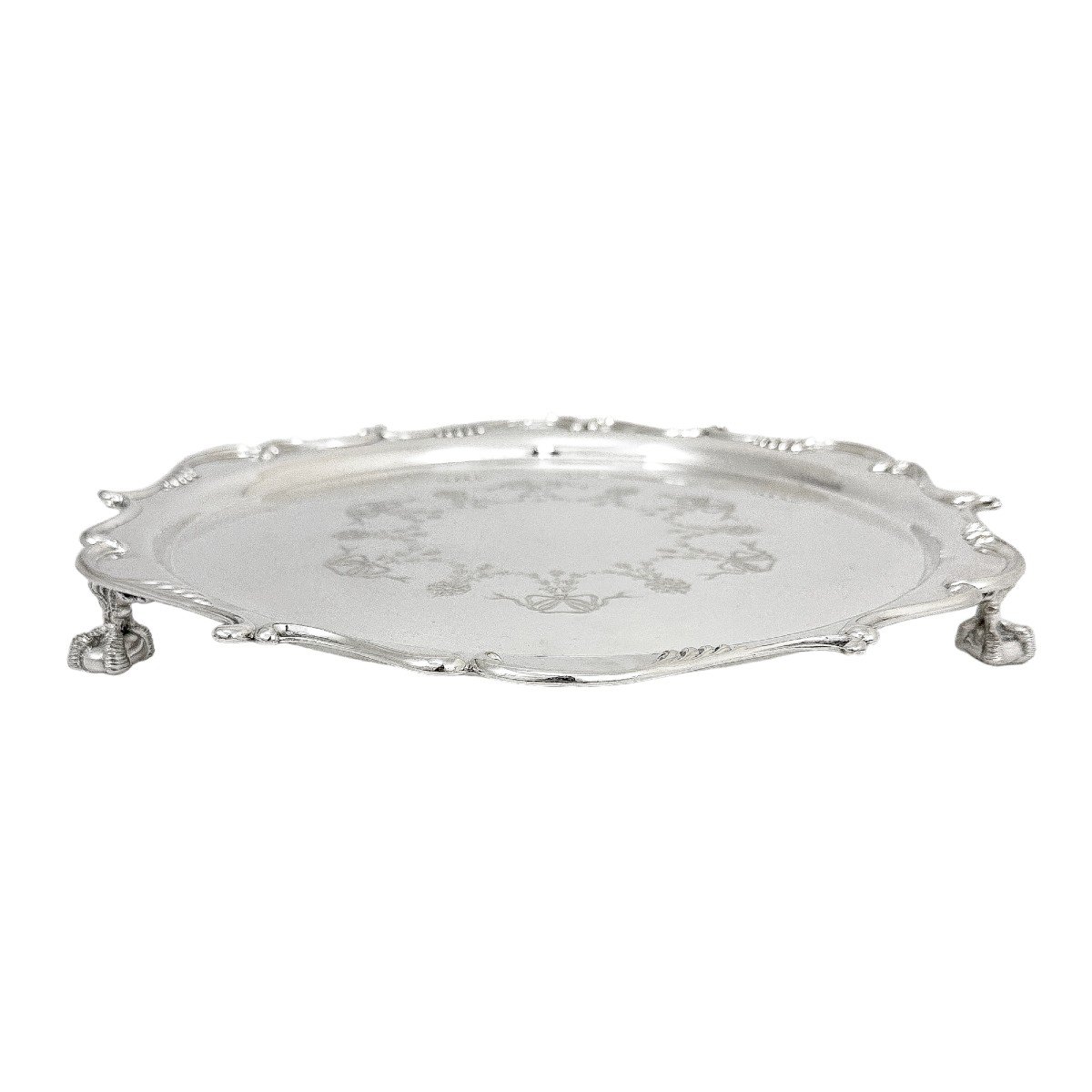 Silver Plated Victorian Salver In Neoclassical Style With Chippendale Border And Garlands-photo-2