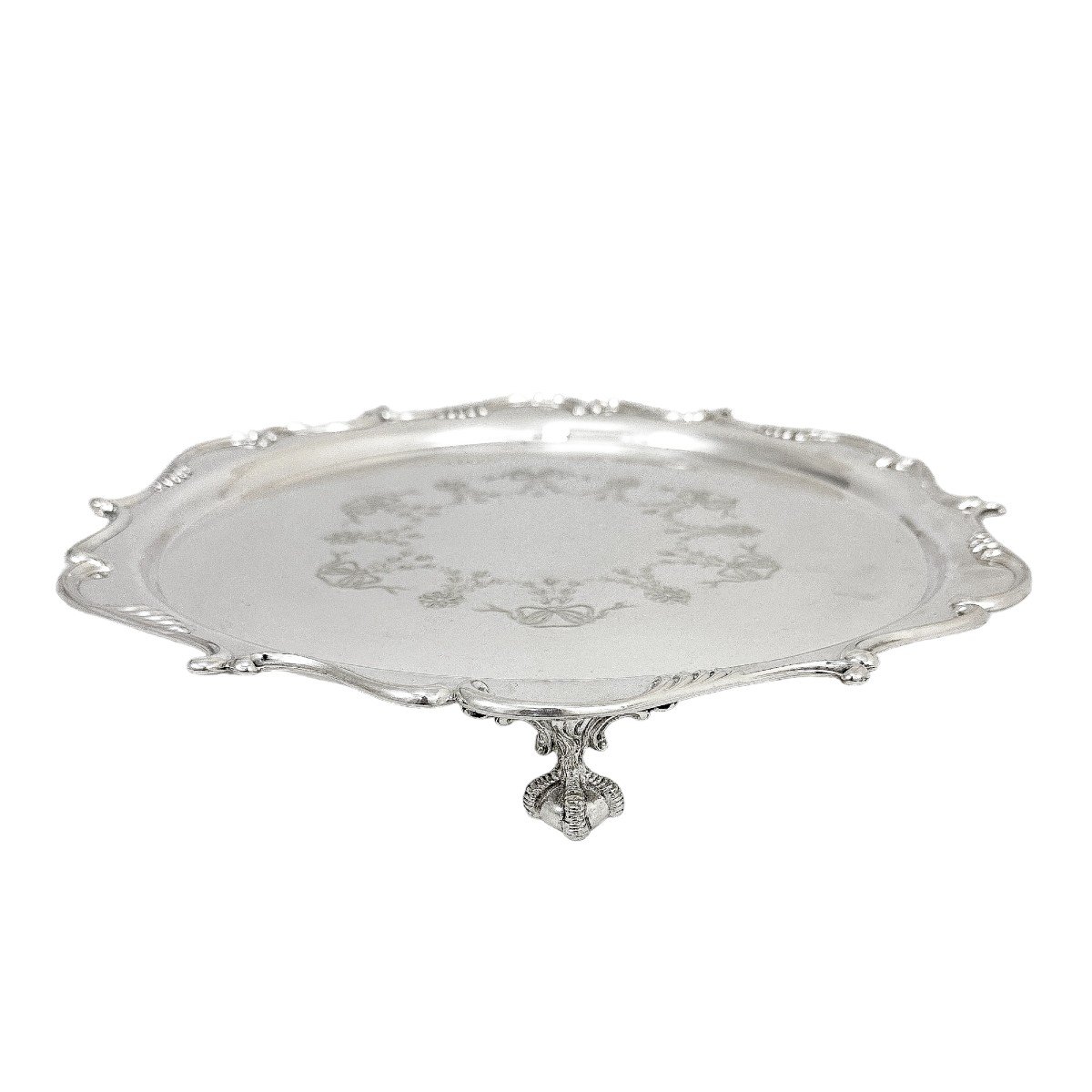 Silver Plated Victorian Salver In Neoclassical Style With Chippendale Border And Garlands-photo-3