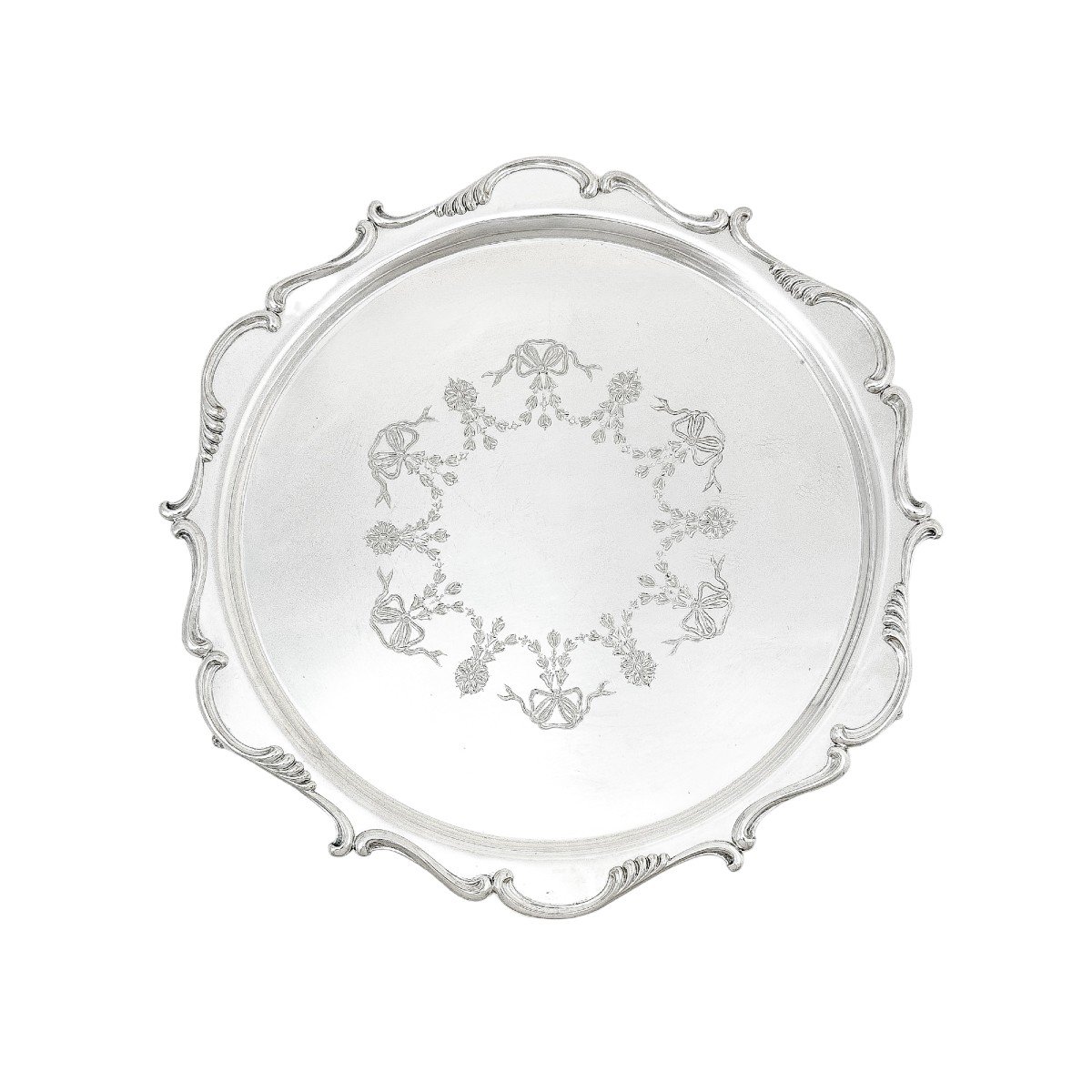 Silver Plated Victorian Salver In Neoclassical Style With Chippendale Border And Garlands