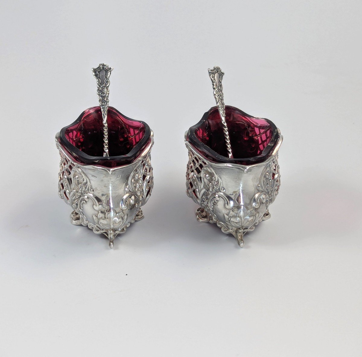 Paire De Salières En Argent De l'époque édouardienne Avec Doublures En Verre Rubis, 1902-photo-4