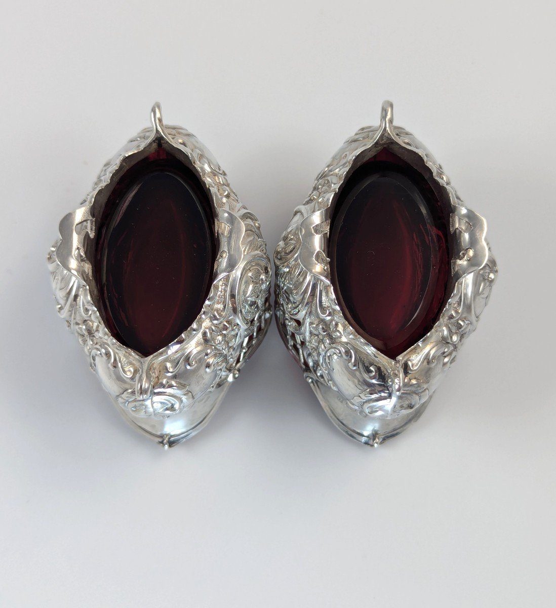 Paire De Salières En Argent De l'époque édouardienne Avec Doublures En Verre Rubis, 1902-photo-2