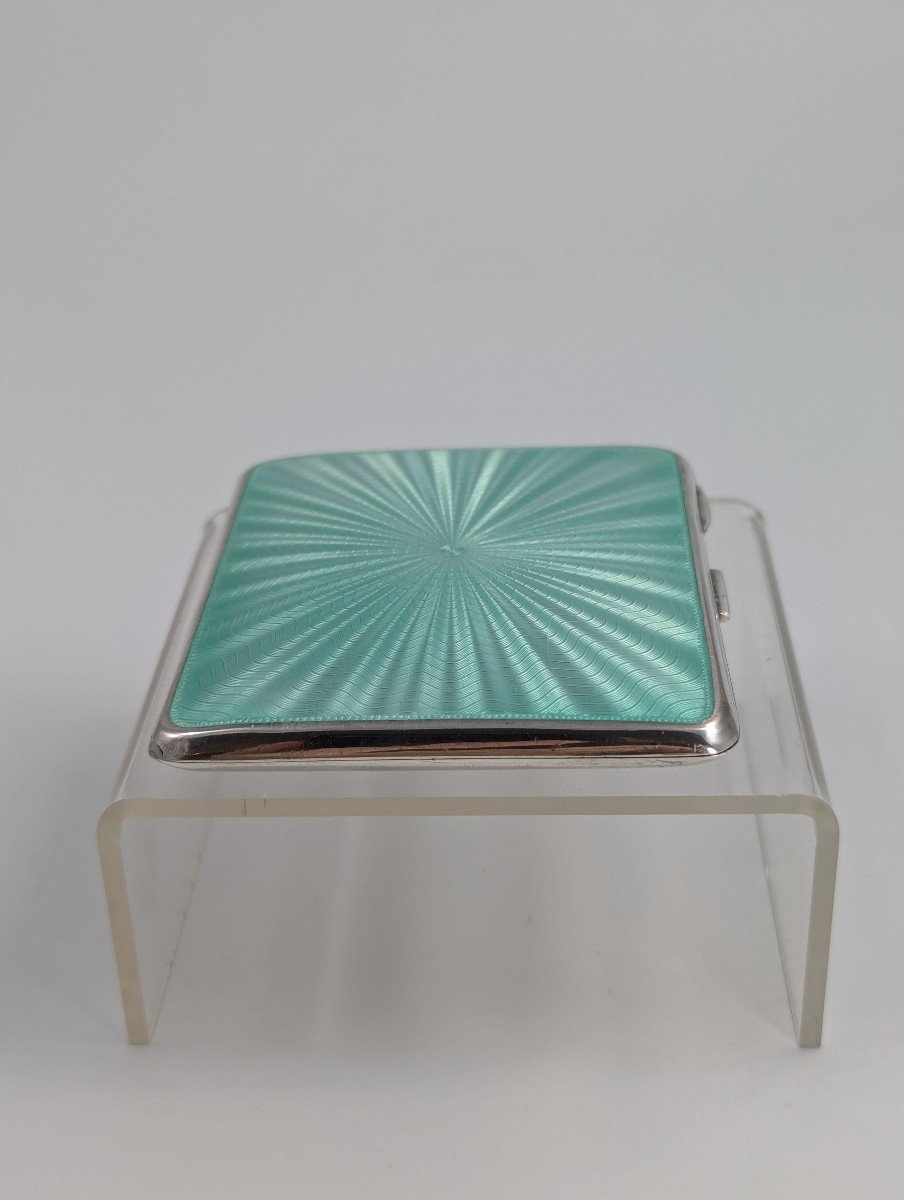 Sterling Silver Cigarette Case With Turquoise Sunburst Enamel Guilloche-photo-2