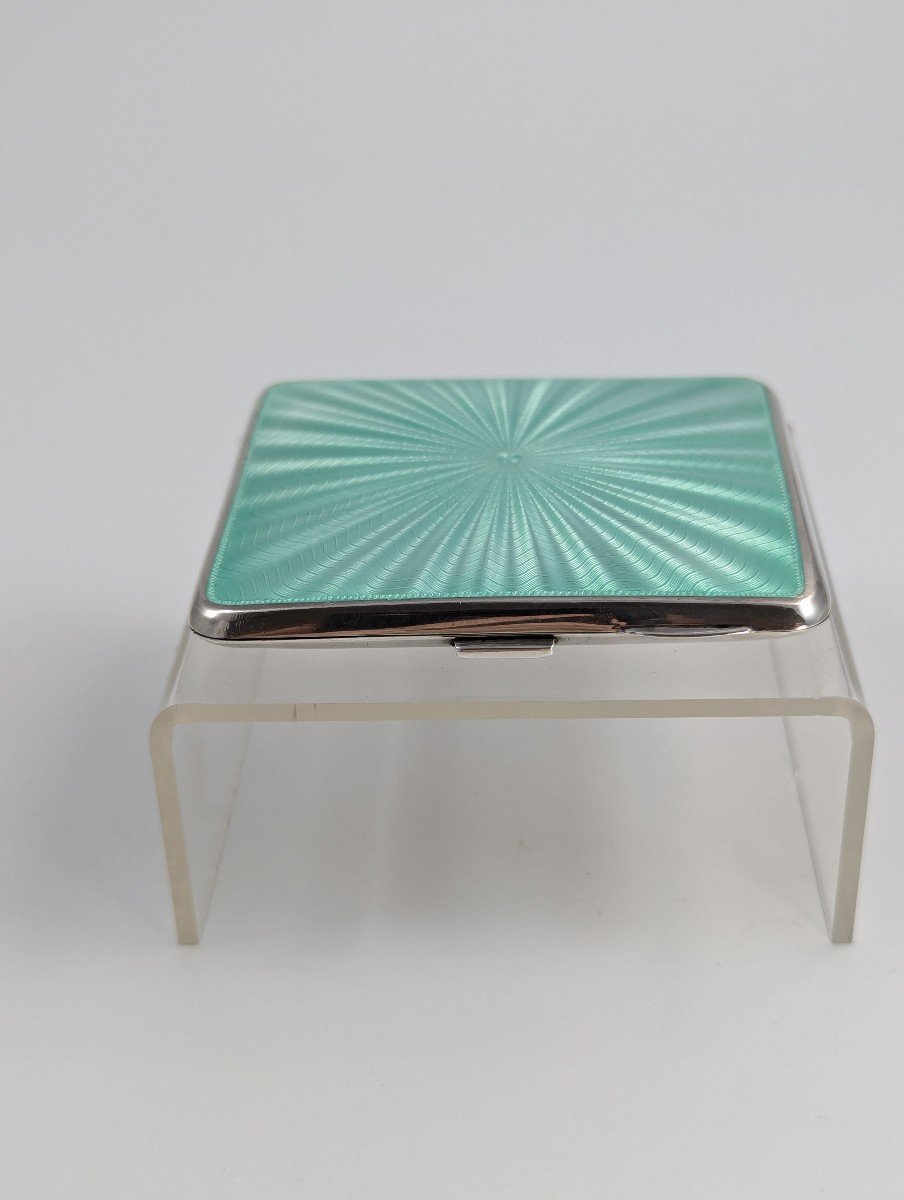 Sterling Silver Cigarette Case With Turquoise Sunburst Enamel Guilloche-photo-3