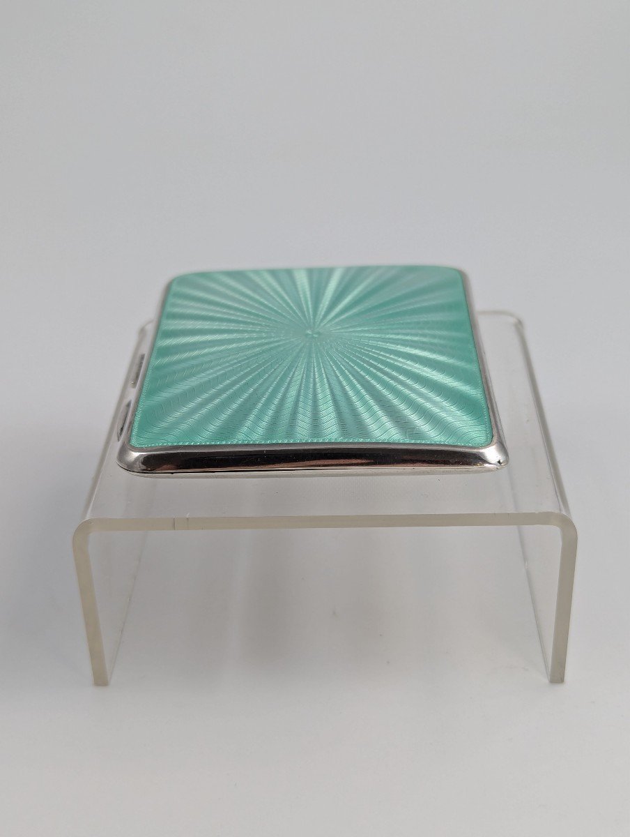 Sterling Silver Cigarette Case With Turquoise Sunburst Enamel Guilloche-photo-4