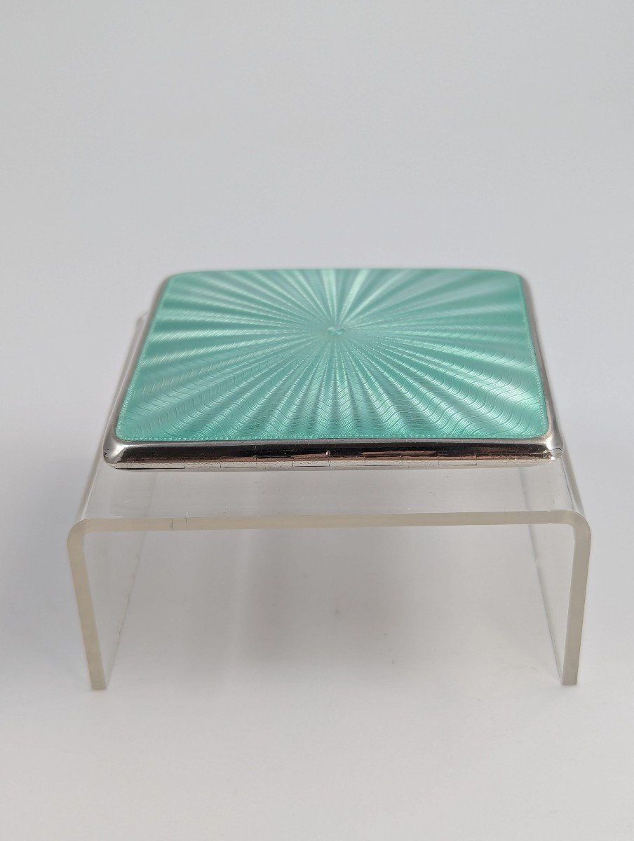 Sterling Silver Cigarette Case With Turquoise Sunburst Enamel Guilloche-photo-5