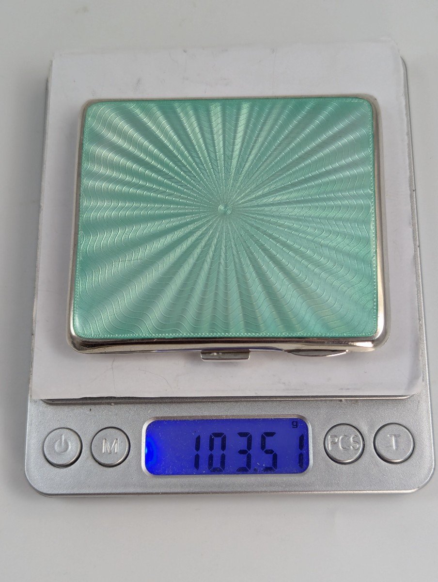 Sterling Silver Cigarette Case With Turquoise Sunburst Enamel Guilloche-photo-6