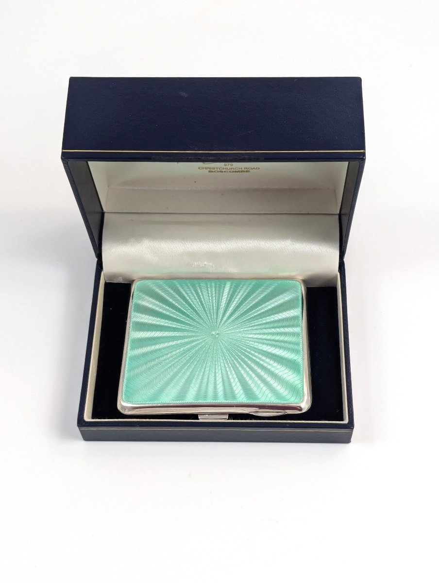 Sterling Silver Cigarette Case With Turquoise Sunburst Enamel Guilloche-photo-7